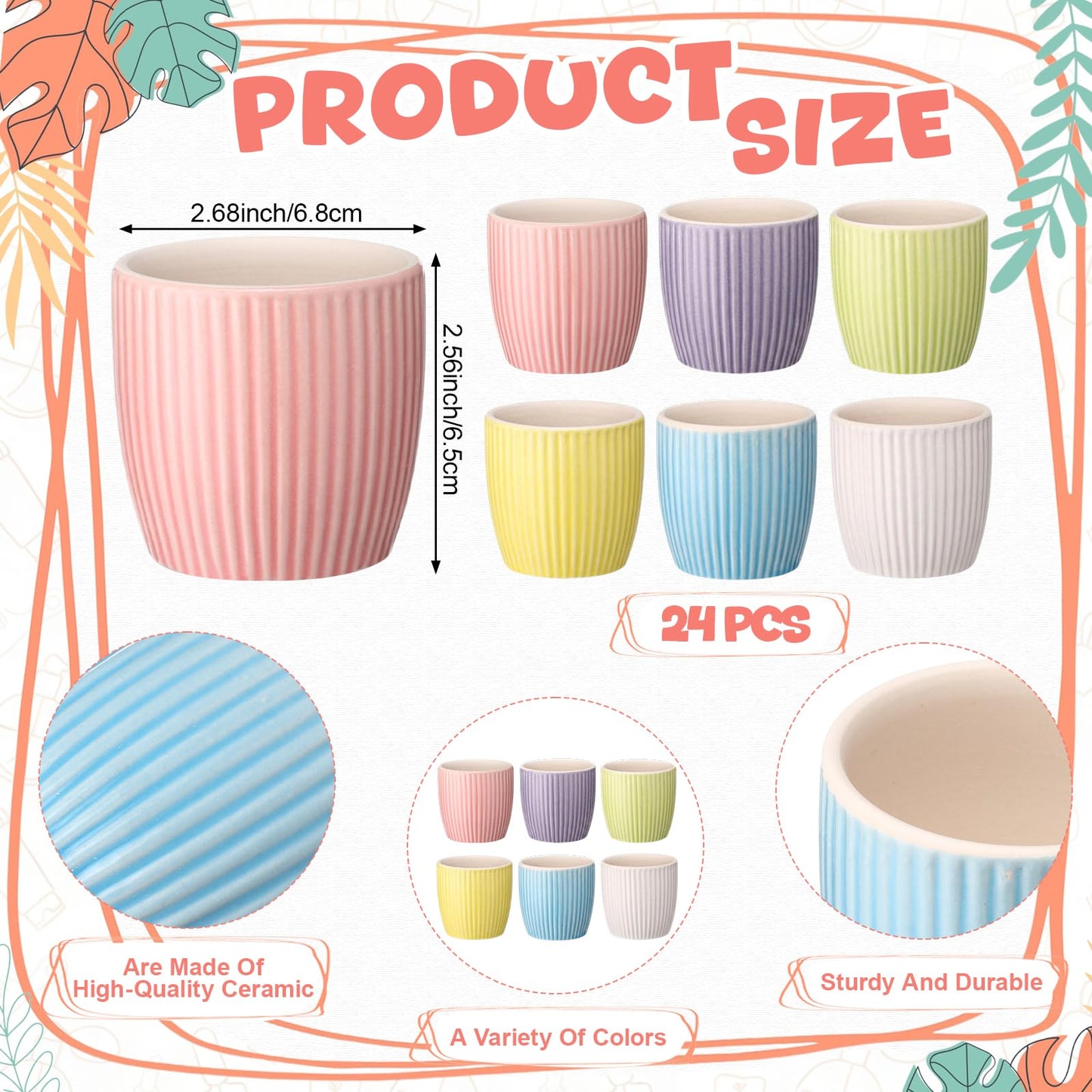 Ferrochef 24 Pcs 2.7 Inch Small Succulent Plant Ceramic Pot with Drainage Hole, Cute Mini Succulent Pots for Plants, Succulents, Cactus, DIY Easter Spring Craft Activity, 6 Colors(Vertical Stripes)