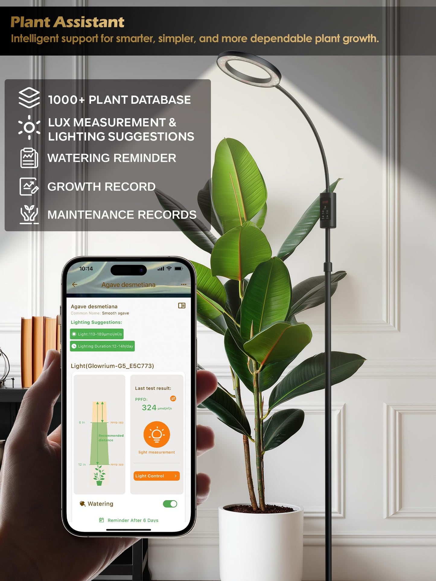 Smart Grow Lights for Indoor Plants, 24W Plant Light with Auto-Timer, Full Spectrum LED Grow Light, Adjustable Height & Stepless Dimming,Plant Assistant Suitable for Most Plants (Black)