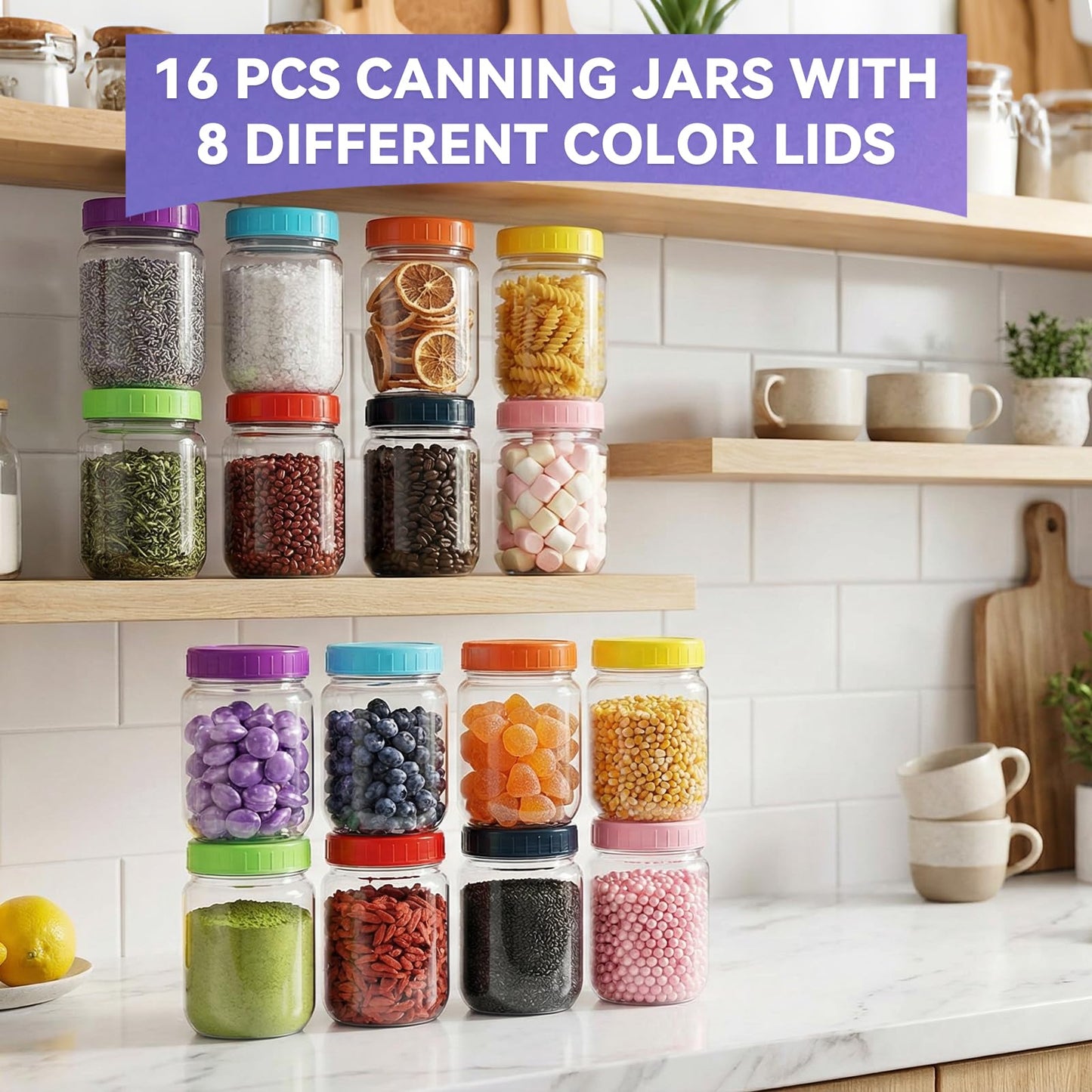 novelinks 16 oz Plastic Mason Jars with Colorful Lids, Leakproof 16oz Clear Plastic Jars with Lids, Reusable Storage Containers for Household Use (16 Pack)