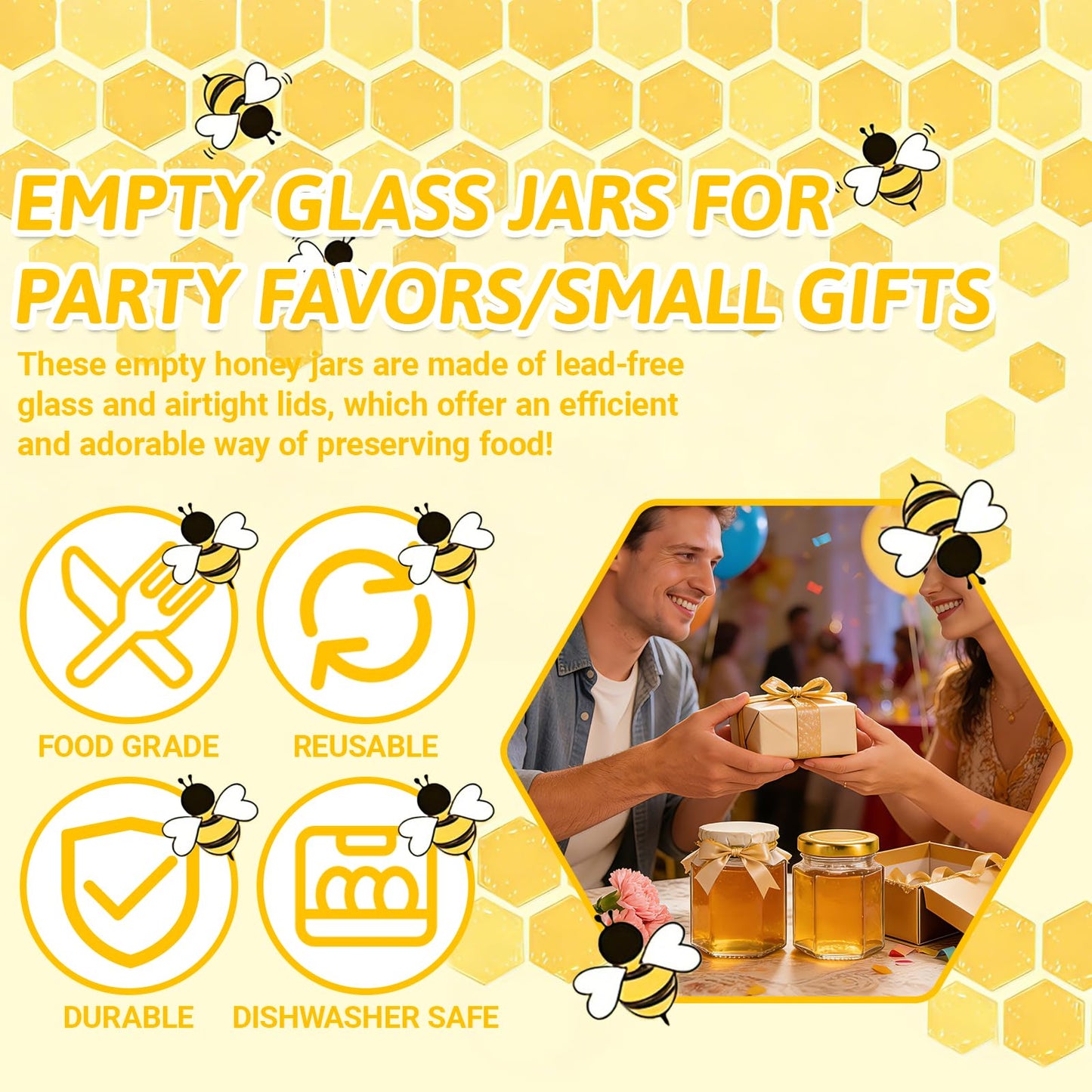 Haneye 6 oz Hexagon Glass Jars with Gold Lids, 30 Pack Honey Jars Canning Jars Small Spice Jars for Jelly, Herb, Jams, Candy, Wedding Favors, Includes Labels and Pen