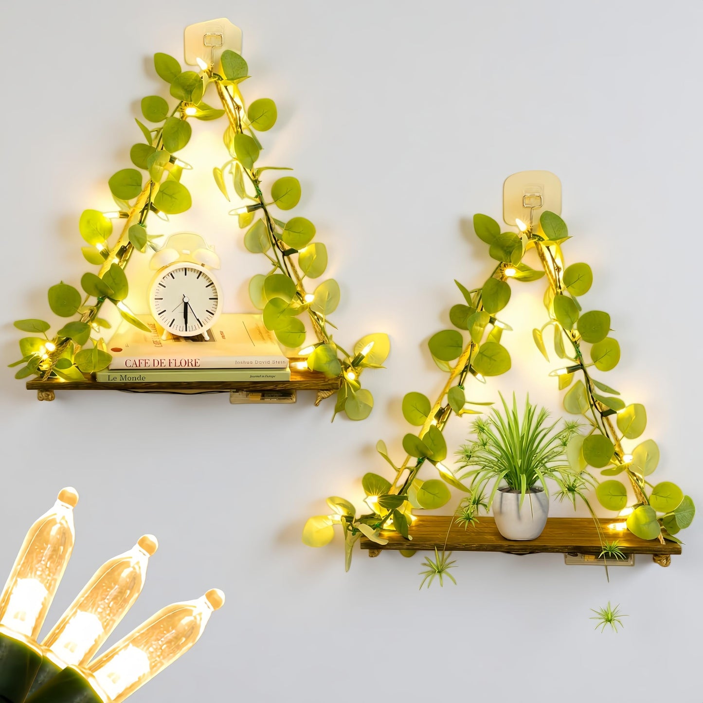Macrame Hanging Shelf for Wall Decoration with Eucalyptus Lighted Garland,2 Pack Boho Hanging Shelves&Greenery Eucalyptus Garland with Lights for Bedroom Living Room Boho Wall Décor, Wedding Décor
