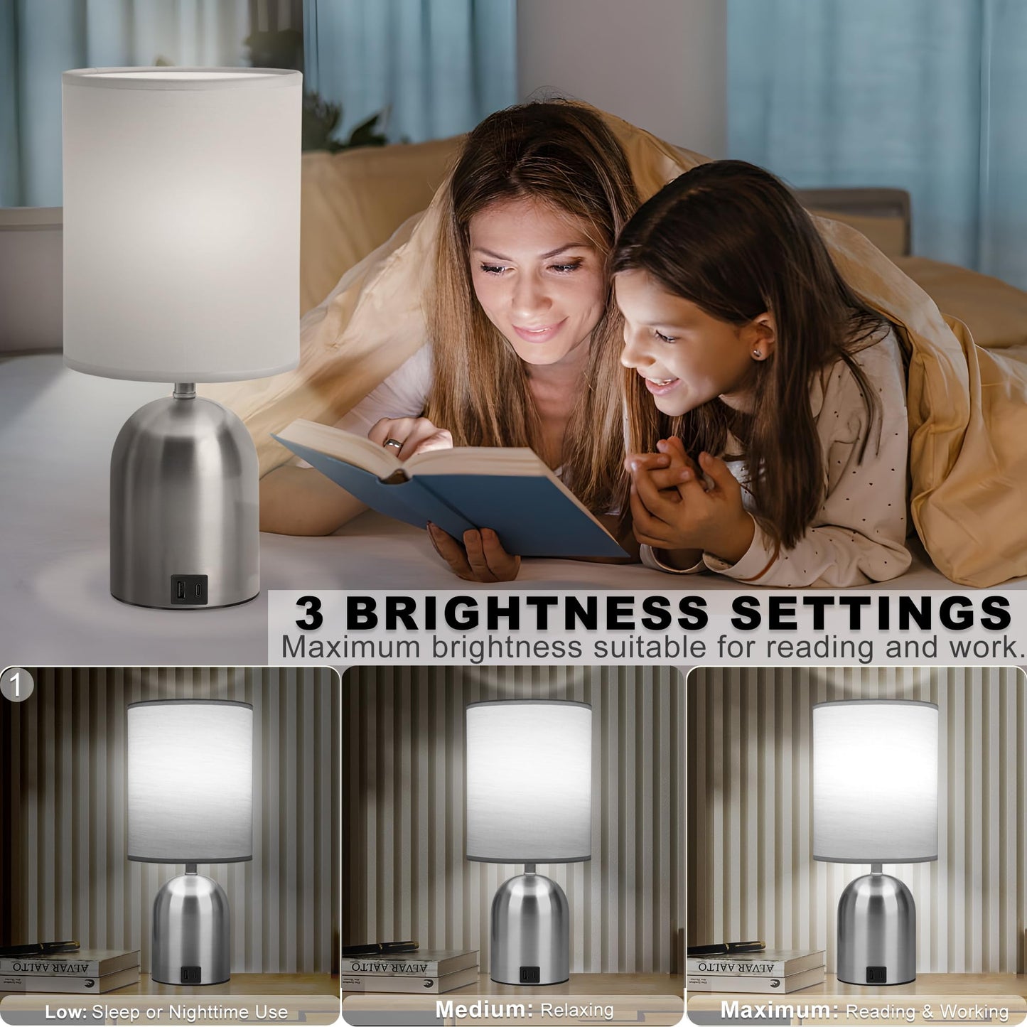 Fttoyoly Bedside Table Lamp for Bedroom, 3 Way Dimmable Touch Small Desk Lamp for Office with USB Charging Port Lamps for Living Room, Bedroom, Reading Room, Office, Grey/Sliver, Silver