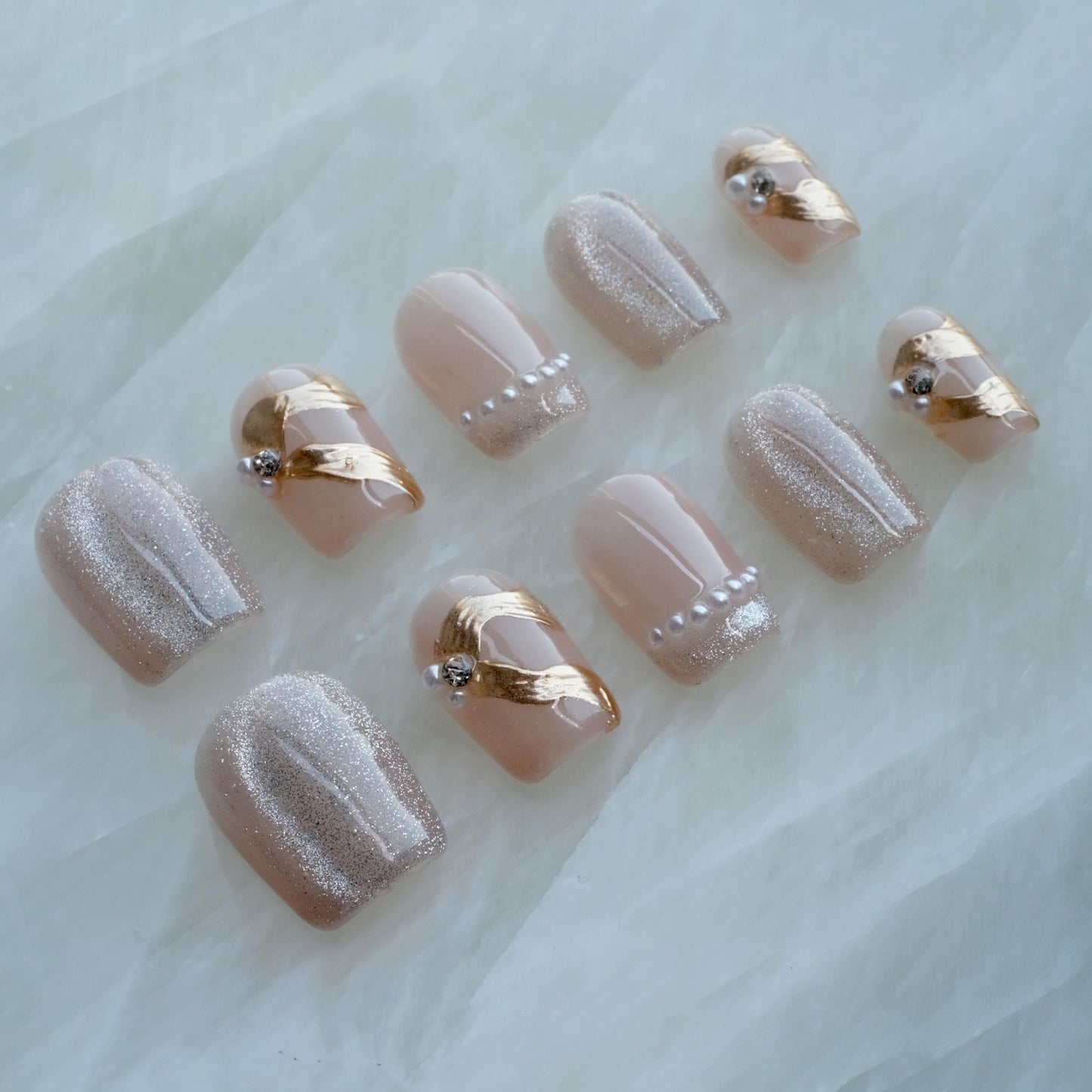 [GLORS] Purely Handmade Press On Nails | Elegant French Pink Pearl Gold Fake False Nail | Salon Quality in Short Square shape, 10 pieces (Medium, SS)