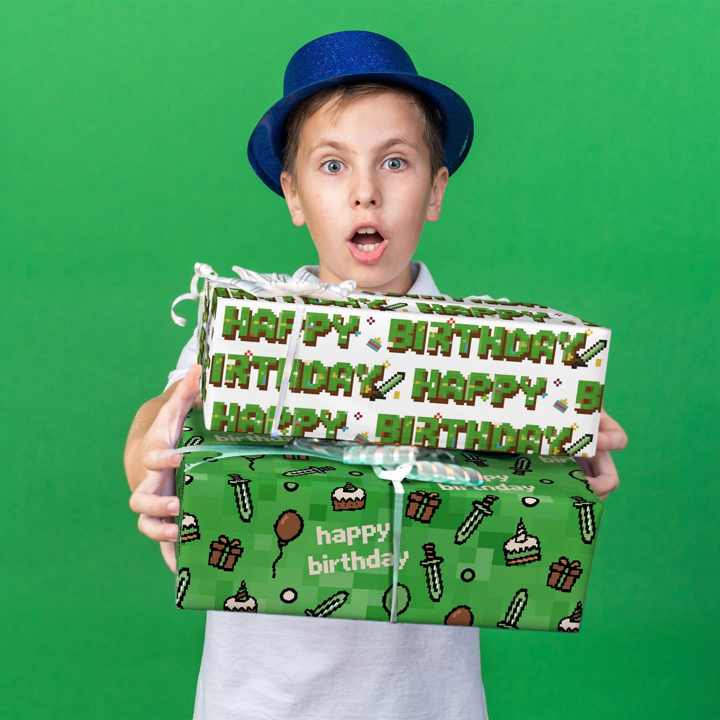 WRAPLULU Pixel Style Birthday Wrapping Paper Roll - 17.5" × 26 Ft - Retro Video Gaming Gift Wrap with HAPPY BIRTHDY, Perfect for Birthday Christmas
