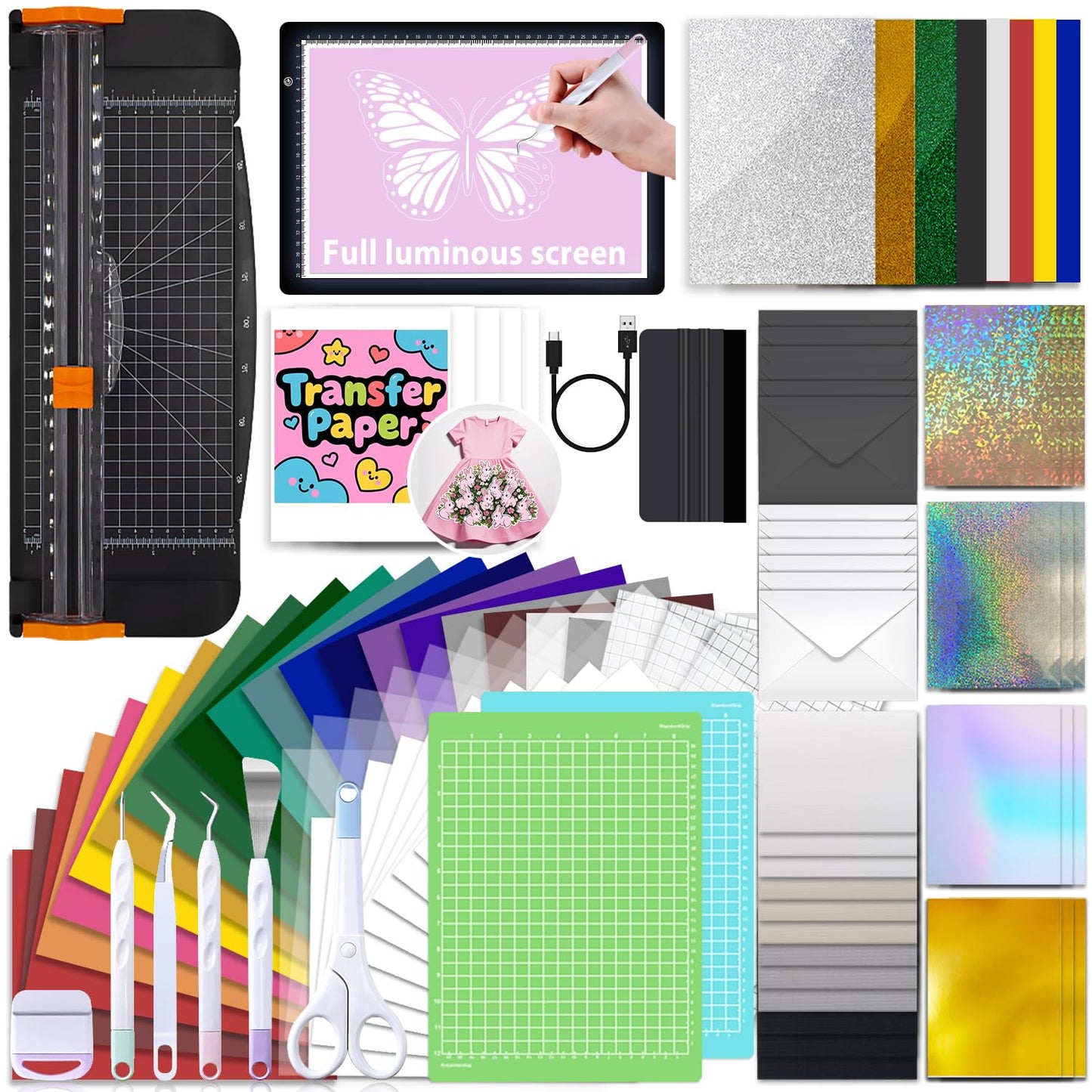 Convend The All-in-One Accessories and Supplies Bundle for Xtra-103Pcs Starter Kit with Weeding Tools, HTVs, Permanent Vinyl, Transfer Paper, LED Light Pad, Paper Cutter for Crafting Projects