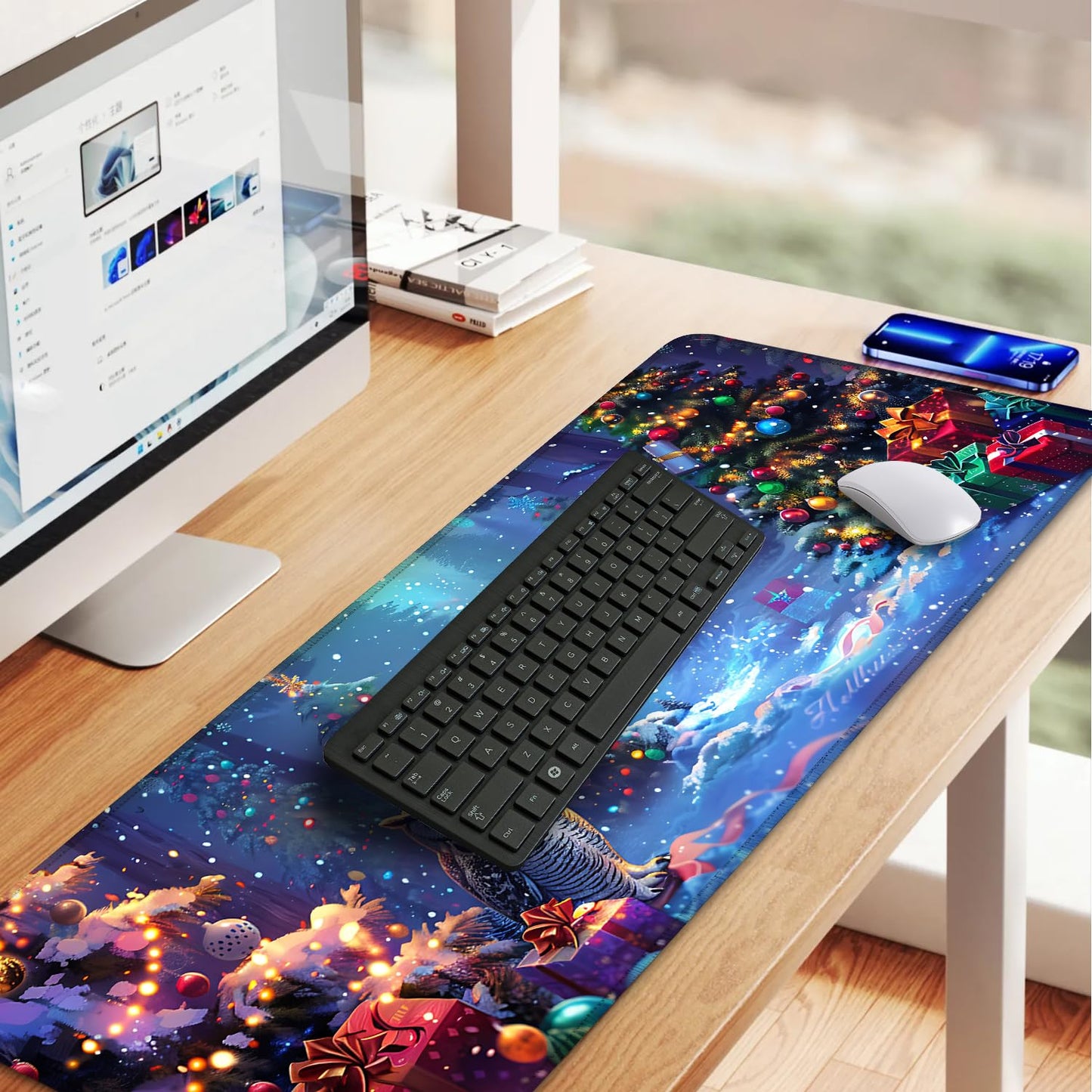 Christmas Owl Mouse Pad XXL – Large Holiday Desk Mat with Forest Gifts and Snow Lights, Extended Non-Slip Mousepad for Office, Gaming, Home Setup, 31.5 x 11.8 in