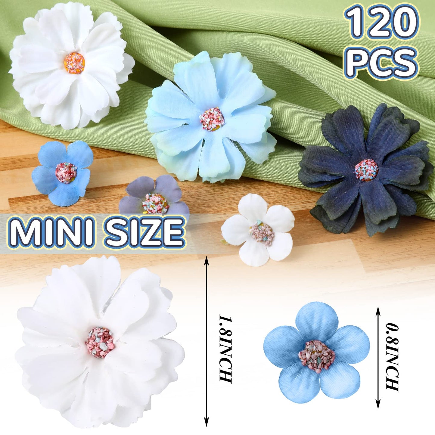 Geosar 120 Pcs Artificial Flowers Bulk Mini Silk Flower for Crafts Fake Small Flowers Heads Floral Arrangement Decor for Spring DIY Wreath Wedding Bouquet Decoration(Blue,Fresh Style)