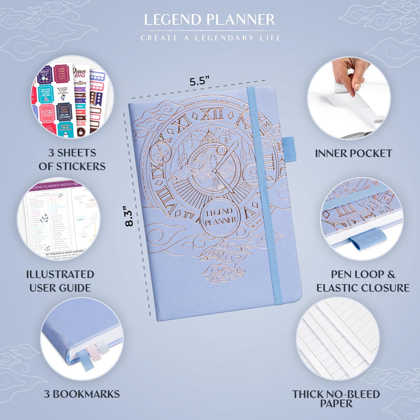 Legend Planner – Undated Weekly & Monthly Life Planner to Hit Your Goals & Live Happier, Organizer Notebook & Productivity Journal, A5 (Periwinkle, Gold)