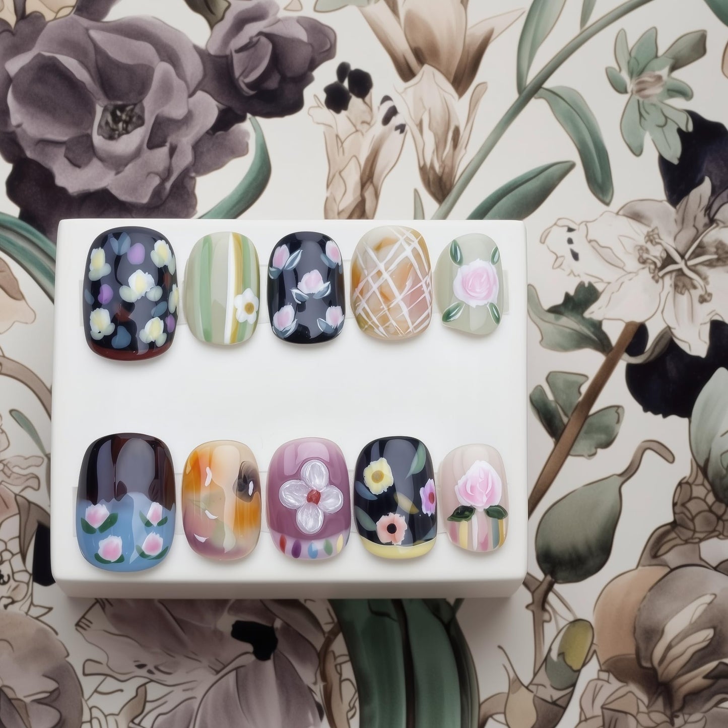 Fine Point Short Handmade Press On Nails – 10PCS Floral & Artistic Design Set, Reusable Acrylic Nail with 3D Art, Salon-Quality Nails for Weddings | Whispering Garden (Size Medium)