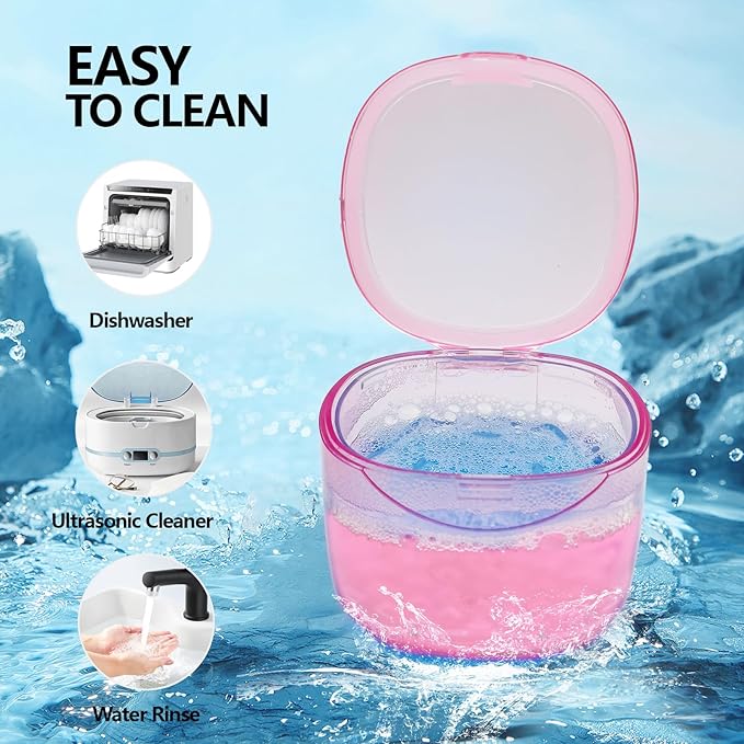 Travel Denture Case Denture Soaking Container with Brush, Denture Cleaning Case Retainer Bath Box Case False Teeth Container - Leak Proof & Lid Waterproof - Transparent Pink