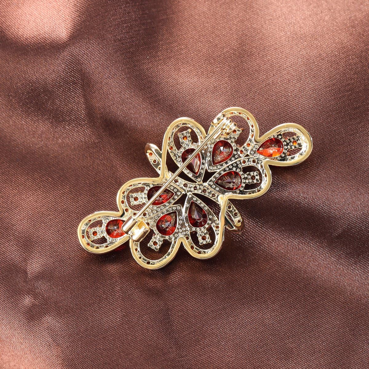 YOQUCOL Vintage Red Zircon Crystal Rhinestone Bowknot Shape Brooch Pin For Women Golden Tone