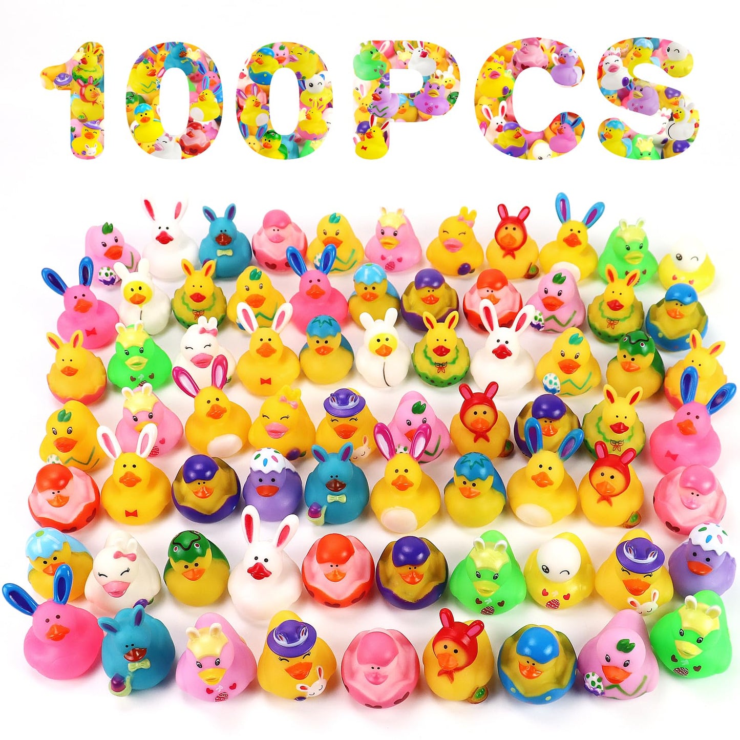 100PCS Easter Rubber Ducks in Bulk,Assorted Gifts Party Favors ,Resurrection Bunny Rubber Duck Pack , Funny Bath Tub Toys for Kids, Baby Showers Accessories