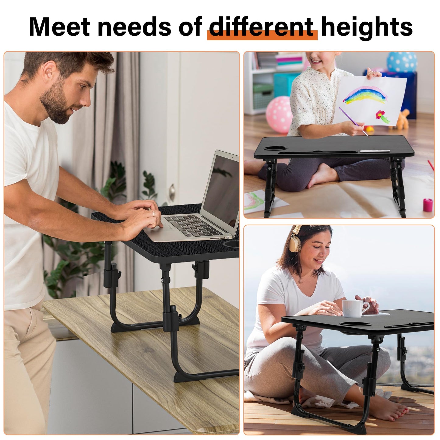 DECOSIS Laptop Desk for Bed Height Adjustable, Lap Bed Table with USB/Storage Drawer/Cup Holder/Tablet Stand/Book Shelf, Foldable Breakfast Tray Portable for Reading Writing, Sofa & Floor, Black