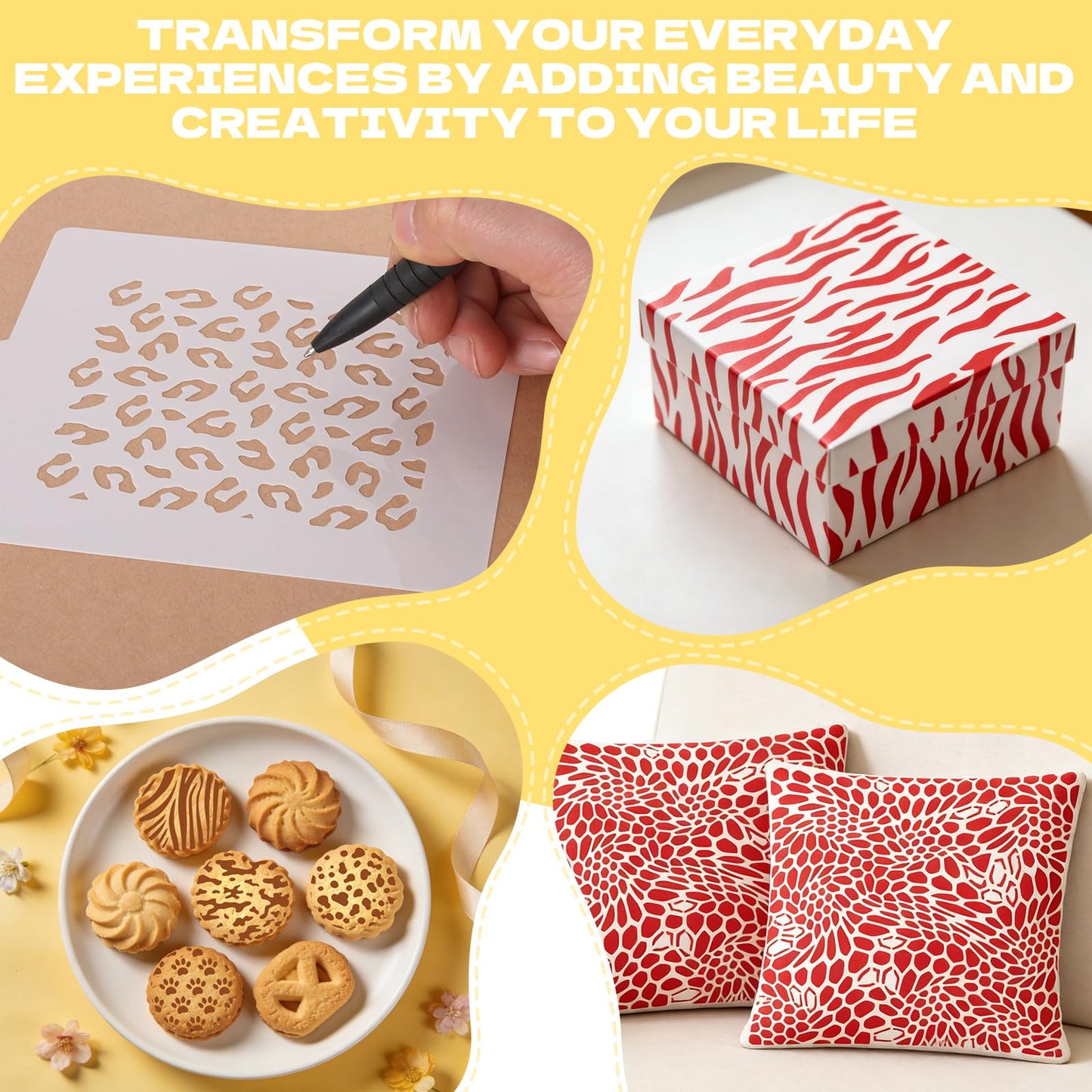 25 Pcs Cookie Stencils for Baking, Honeycomb Mermaid Scale Leopard Tiger Snake Texture & Dog Paw Print Patterns, Royal Icing Airbrush Cake Stencils for DIY Desserts & Party Crafts Reusable