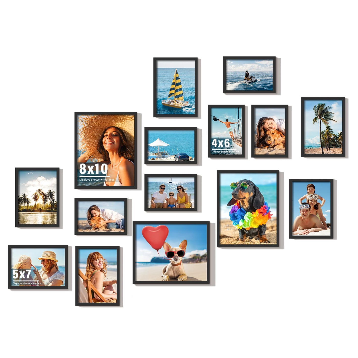 DUENPY 15 Pack Picture Frames Collage Wall Decor, Black Frame Set with 3pcs 8x10, 6pcs 5x7, 6pcs 4x6 for Gallery Display, Wall Mounting & Tabletop, Bulk Photo Frames for Living Room Decor