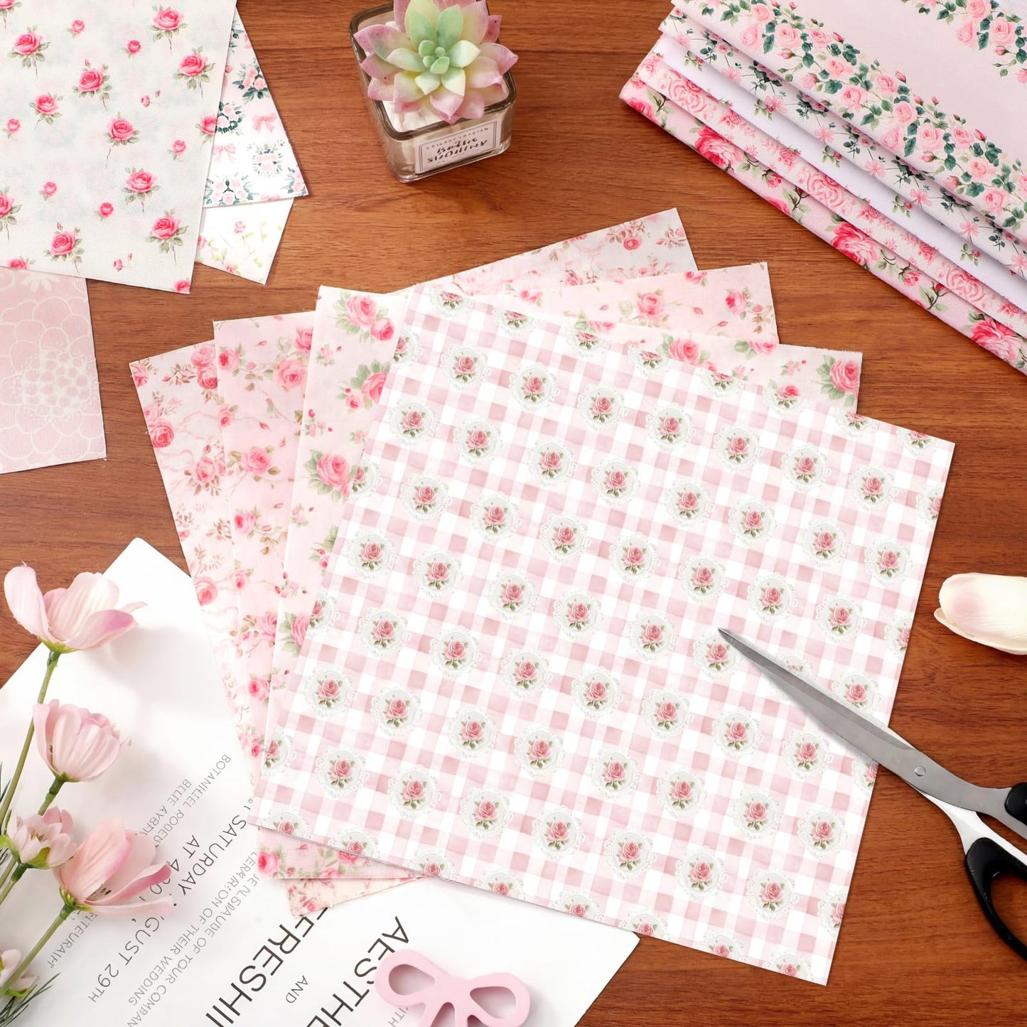 Tudomro 60 Pcs Pink Floral Fabric Squares Bundles 10 x 10 Inch Cotton Rose Quilting Fabric Pink Spring Flower Fat Quarters Printed Cloth Quilt Patchwork Material for Sewing DIY Crafts Supplies