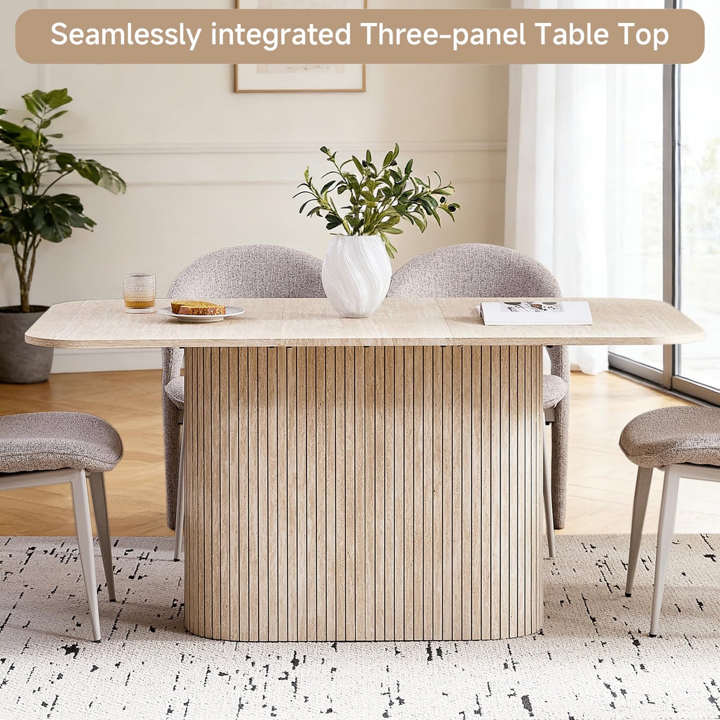63" Inch Modern Oval Dining Table with Rounded Corners & Wood Strip Pedestal Base, Kitchen Table for Dining Room, Beige Stone Patterned(Table Only)