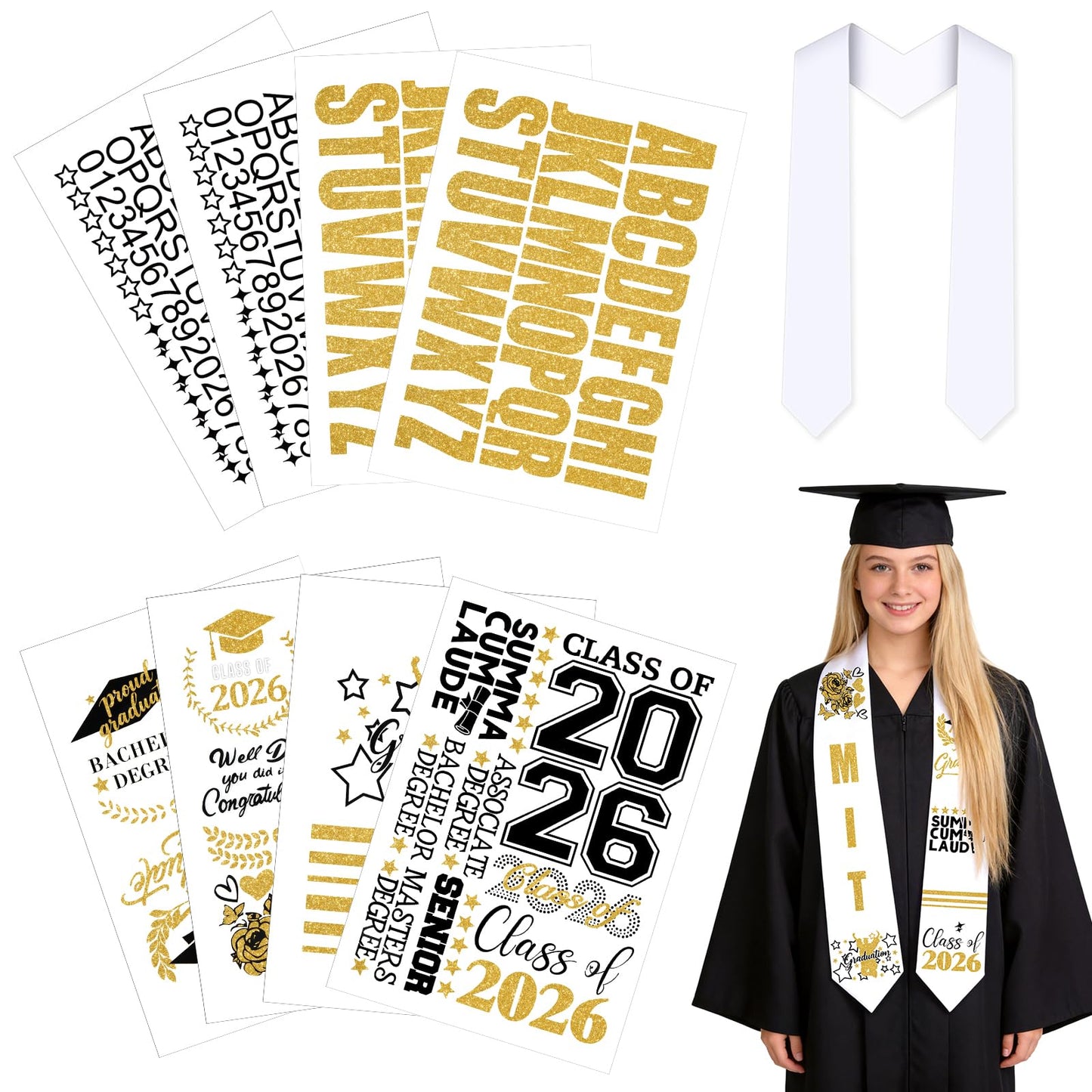 Meetory Graduation Stole Sash - Personalized Iron on transfers, DIY Customize Graduation Stole, Class of 2026 Decorations, Custom Iron on transfers for Graduation