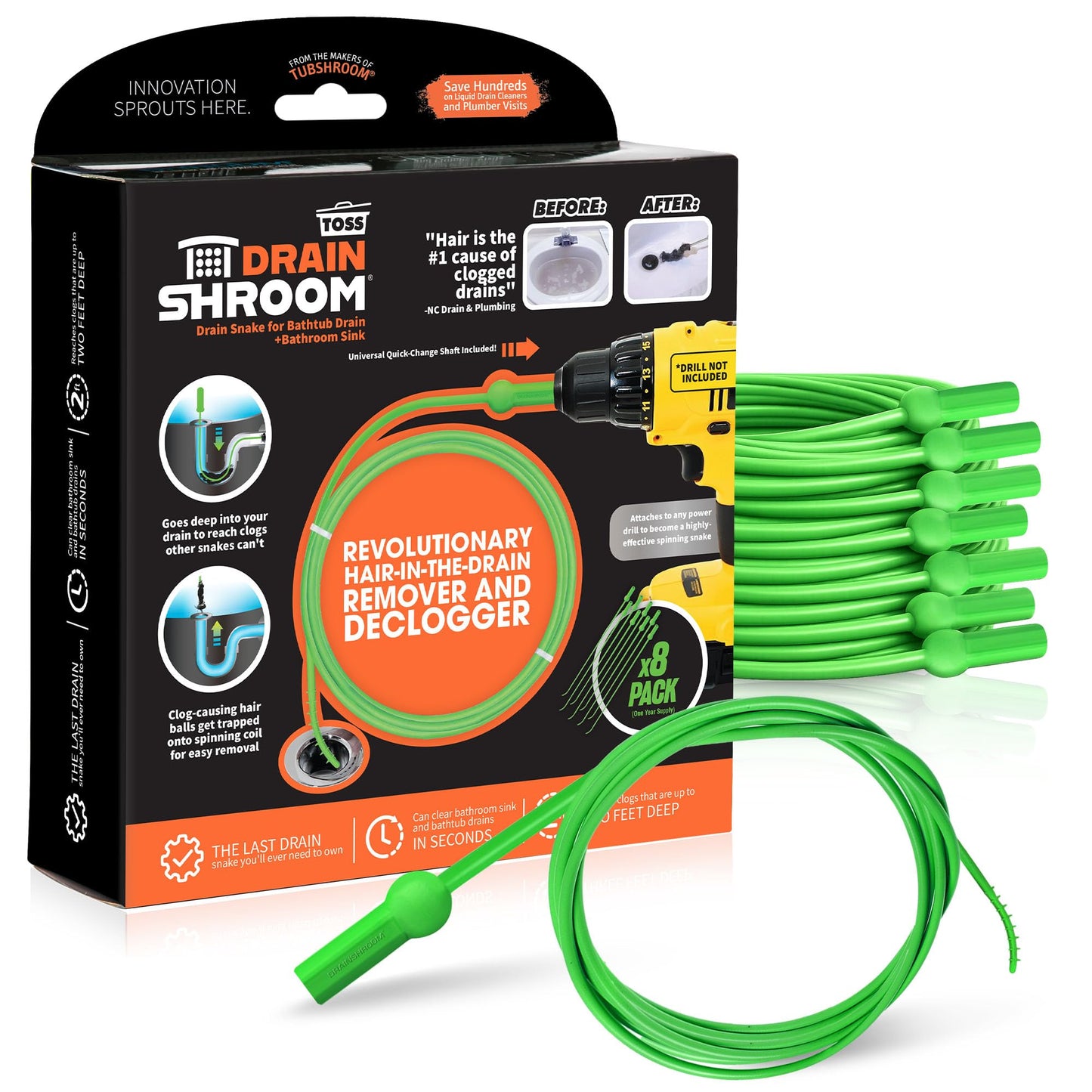 DrainShroom Toss-Disposable Hair Clog Remover, 24 inch Reach, 8 Pack, for Bathroom Drain Snake, Green