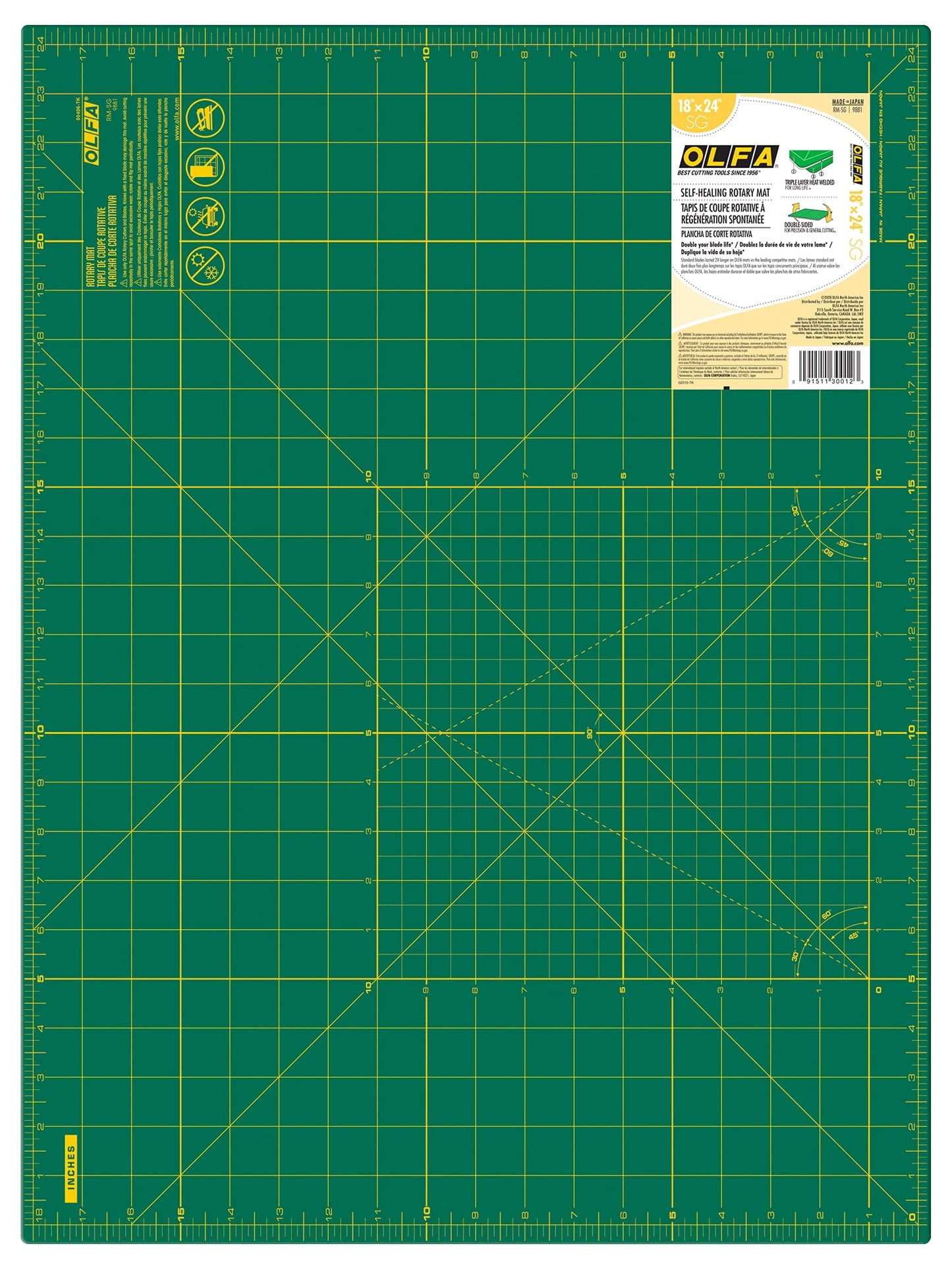 OLFA 18" x 24" Self Healing Rotary Cutting Mat (RM-SG) - Double Sided 18x24 Inch Cutting Mat with Grid for Quilting, Sewing, Fabric, & Crafts, Designed for Use with Rotary Cutters (Green)