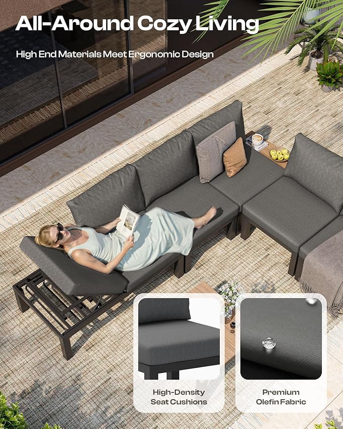 Aluminum Outdoor Patio Sofa Set, 2 Seats Modular Sectional Reclining Loveseat Sofa with Adjustable Backrest & Removable Cushions, All-Weather Conversation Sets for Garden & Yard, Graphite