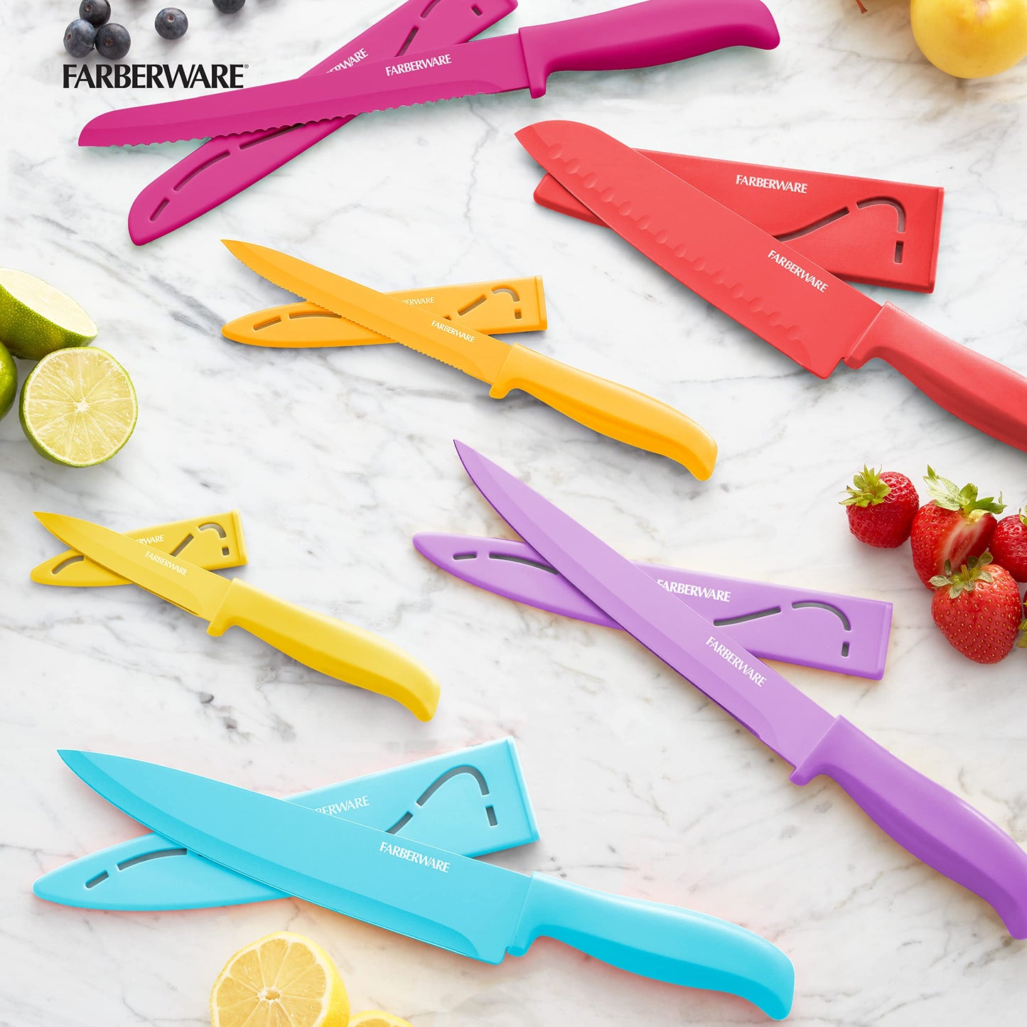 Farberware Resin Cutlery Set, 12 Piece, Pastel, Stick Resistant Blades, Ergonomic Grip ANDBalance, Blade Covers Included, Perfect for Back to College and First Kitchens