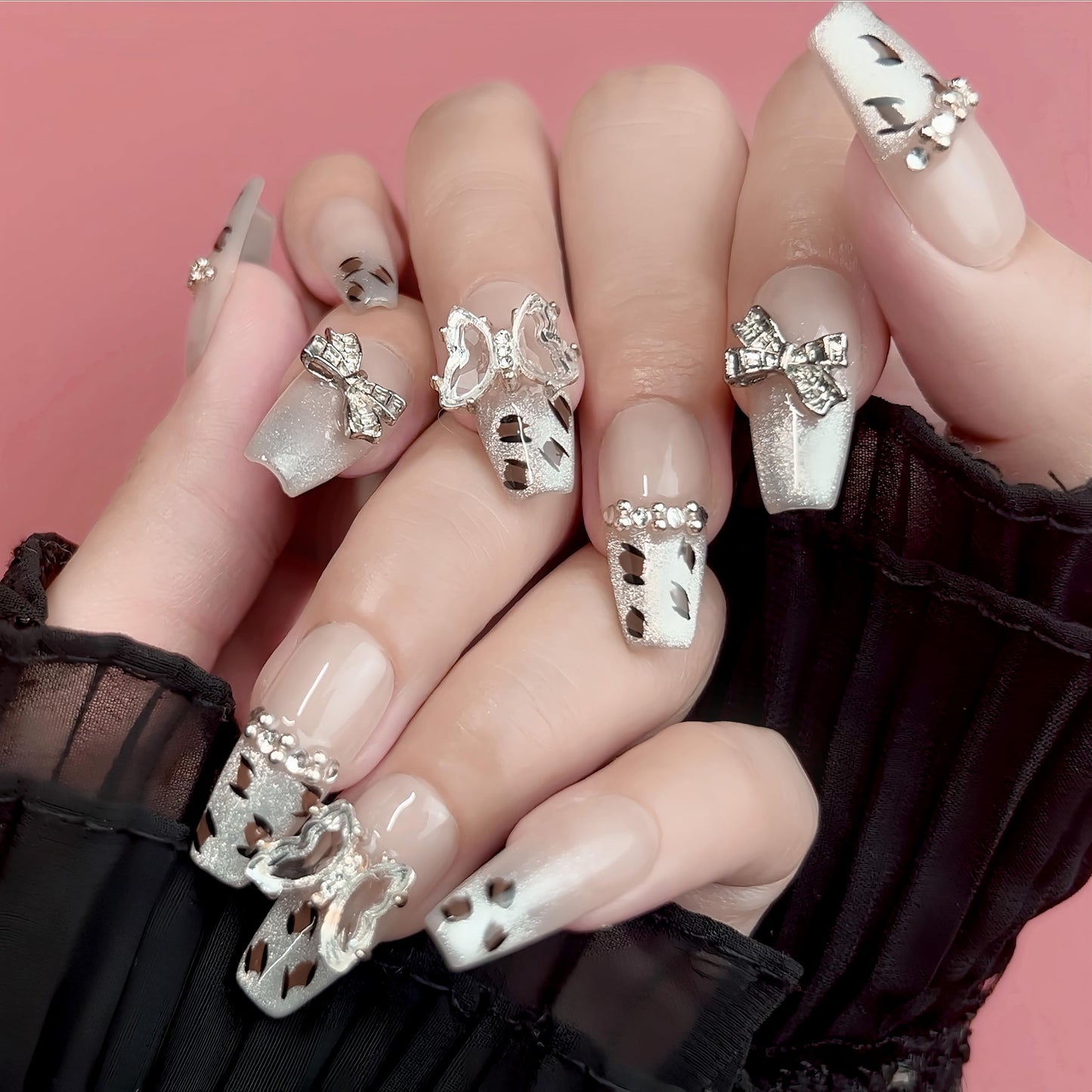 Handmade Press On Nails impress French Fake Nails Medium Square Coffin 3D Leopard cheetah Butterfly Manicure False press ons Nail Artificial (S size)