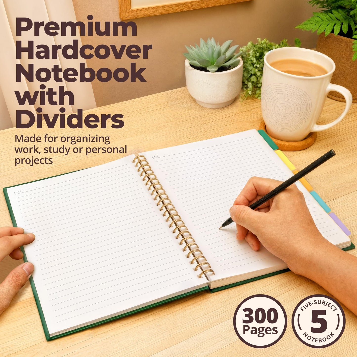 Hardcover Leather Lined Spiral Notebook 8x10" with Removable Dividers - Green - 300 Pages 5 Subject College Ruled Notebook for Work with Tabs, Pockets, and Pen Loop for Note Taking, Large Journal