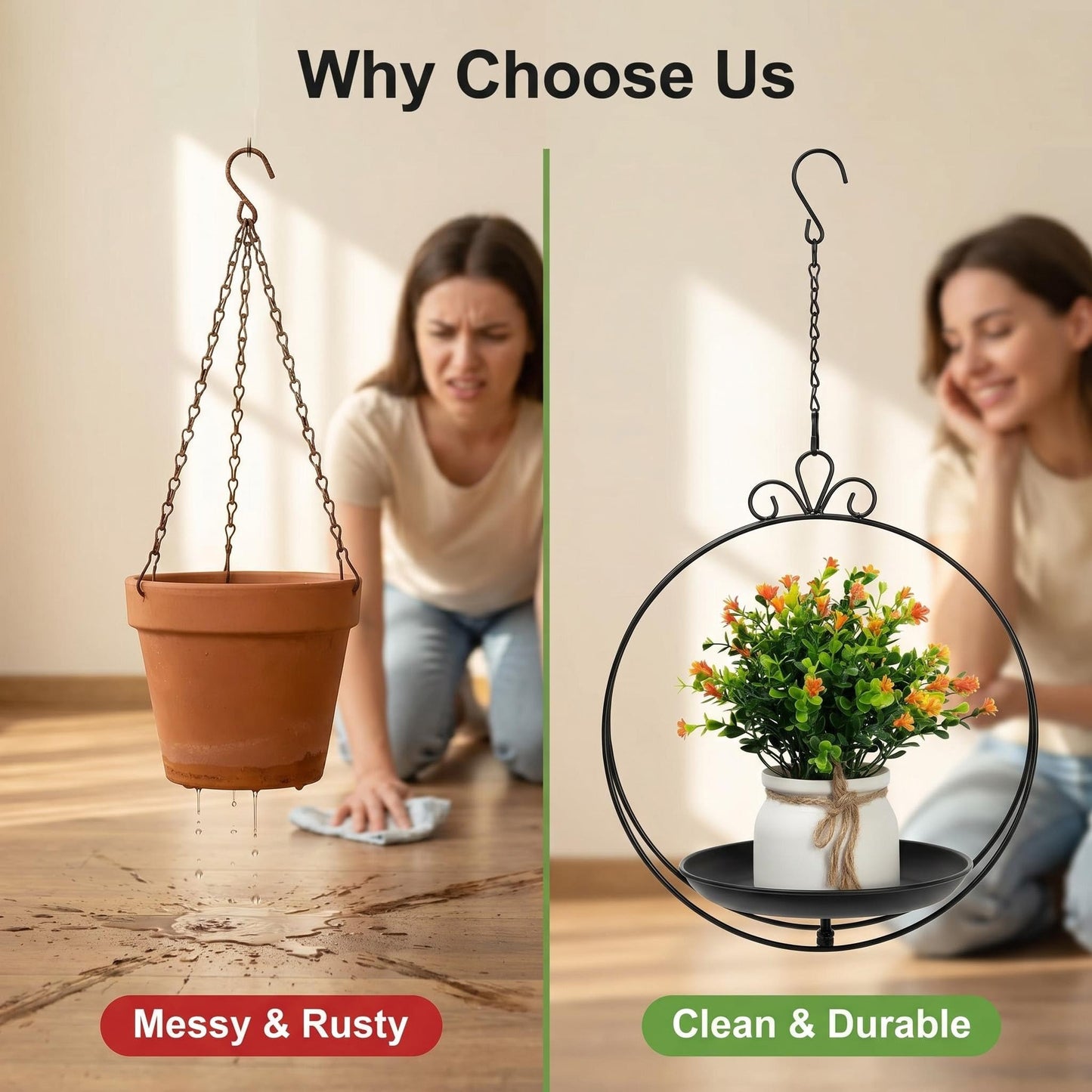 ZYUXUAN Hanging Planters for Indoor Plants, 2 Pack Metal Wall Ceiling Window Plant Hangers Kit with Trays and Chains for Succulents Pothos Herbs Balcony Patio Living Room