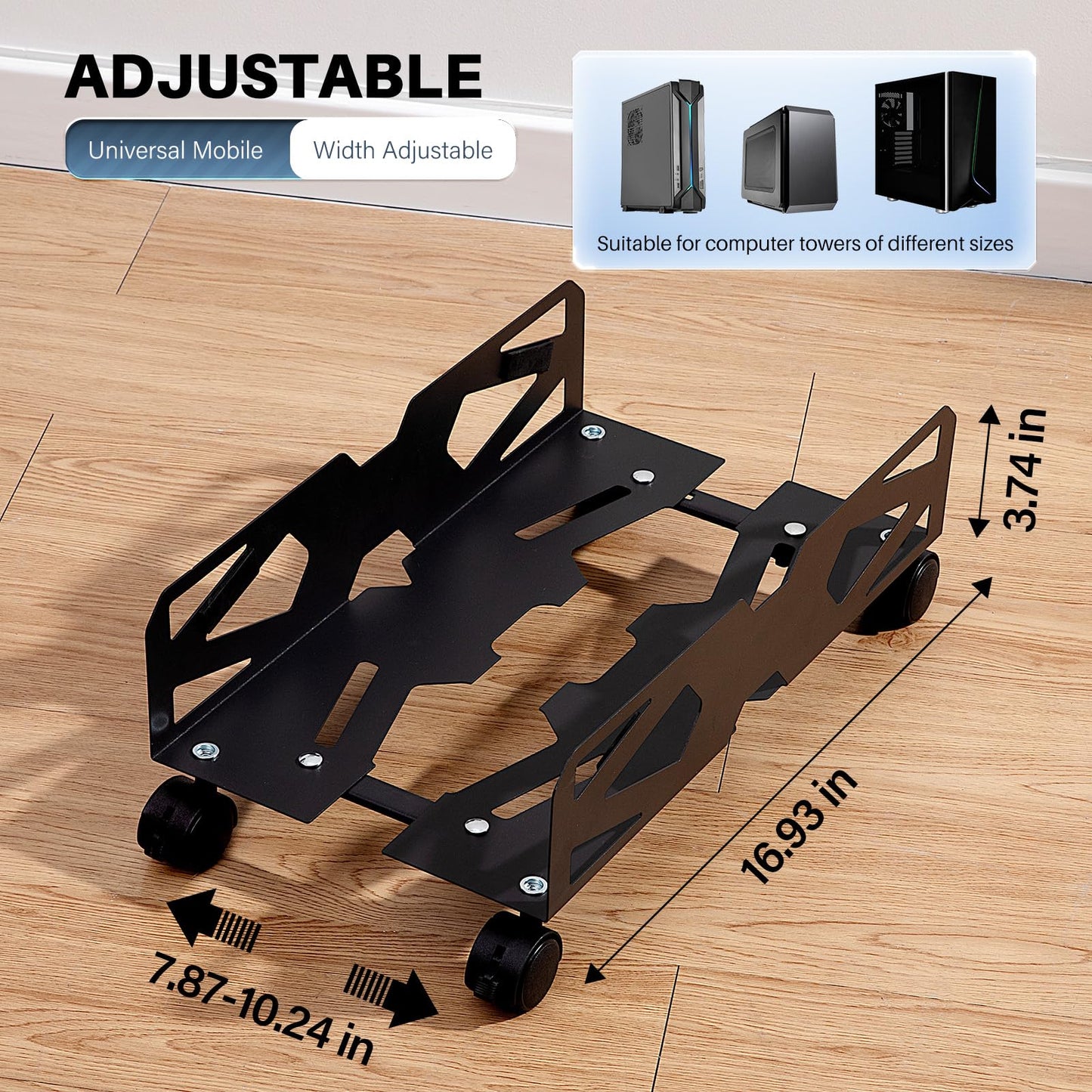Hovadova Adjustable Computer Tower Stand, Ventilated PC Tower Stand with 4 Caster Wheels,Mobile Under Desk CPU Holder, PC Cart, Computer Riser for Most Gamers and Students