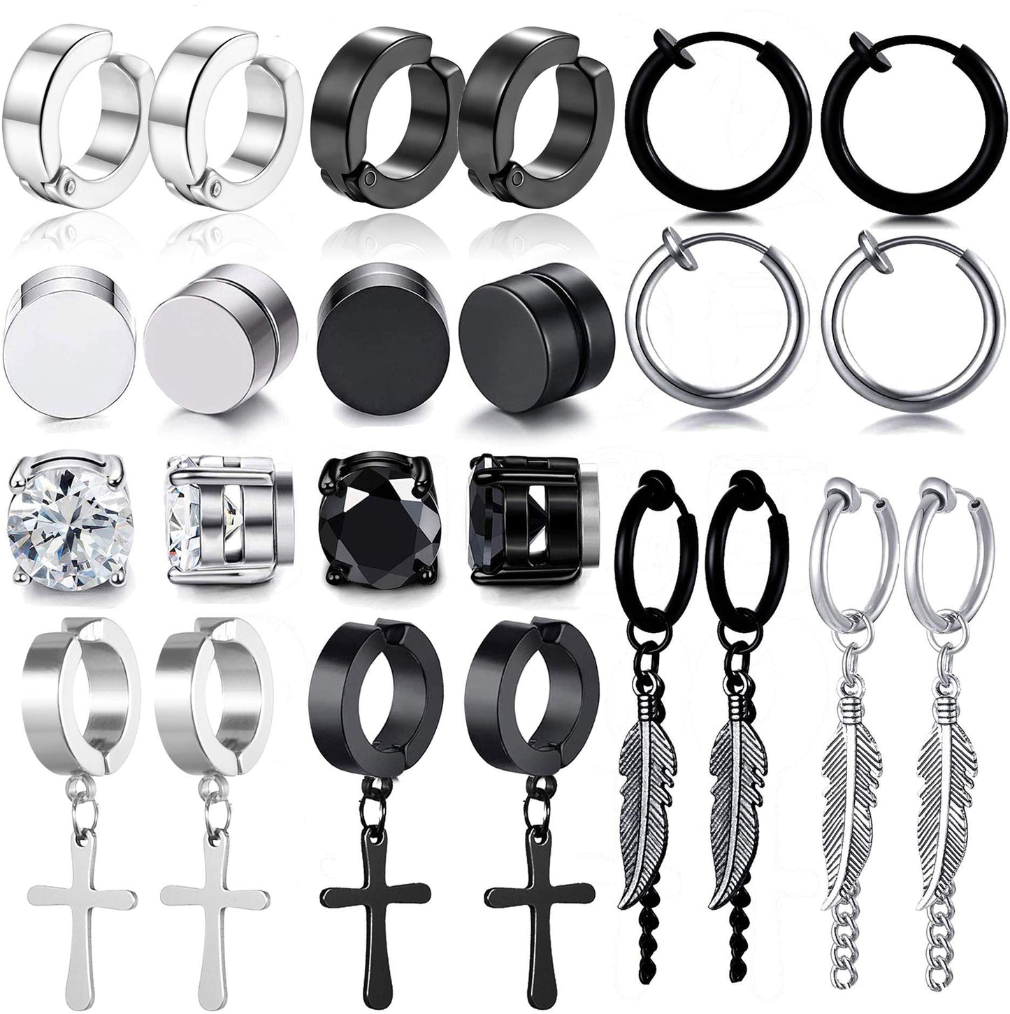 WAINIS 12 Pairs Stainless Steel Non Pierced Earrings for Men Women Magnet CZ Clip on Feather Dangle Earrings Set 8mm