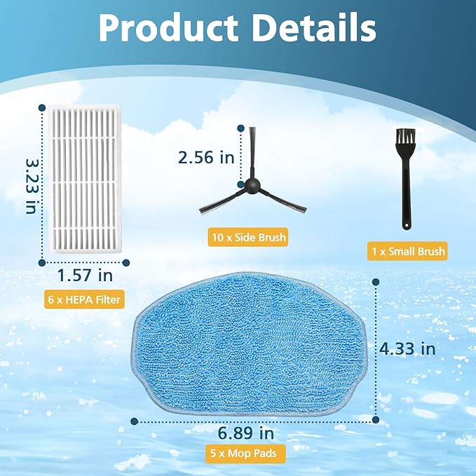 Replacement Parts for XIEBro Life BR151, for ZCWA BR151, for MANVN BR151, for Kilgone G20, for MAMNV BR151, for MANVINS G20, for ZC WAS BR151, for iMartine BR151, 6 Filters, 5 Mop Pads, 10 Side Brush