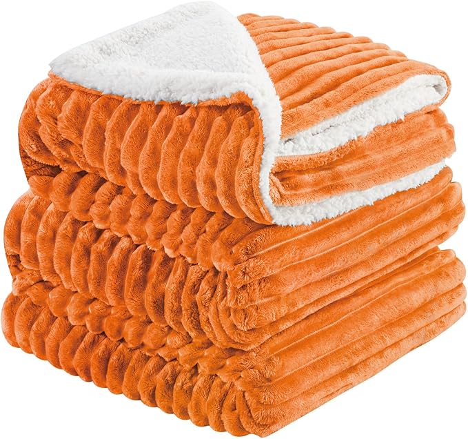 INFIIXSO Sherpa Fleece Queen Size Blanket - Super Soft & Warm Striped Fleece, Cozy Plush Fluffy Large Bed Blanket All Season Use (Burnt Orange, 90x90 Inches)