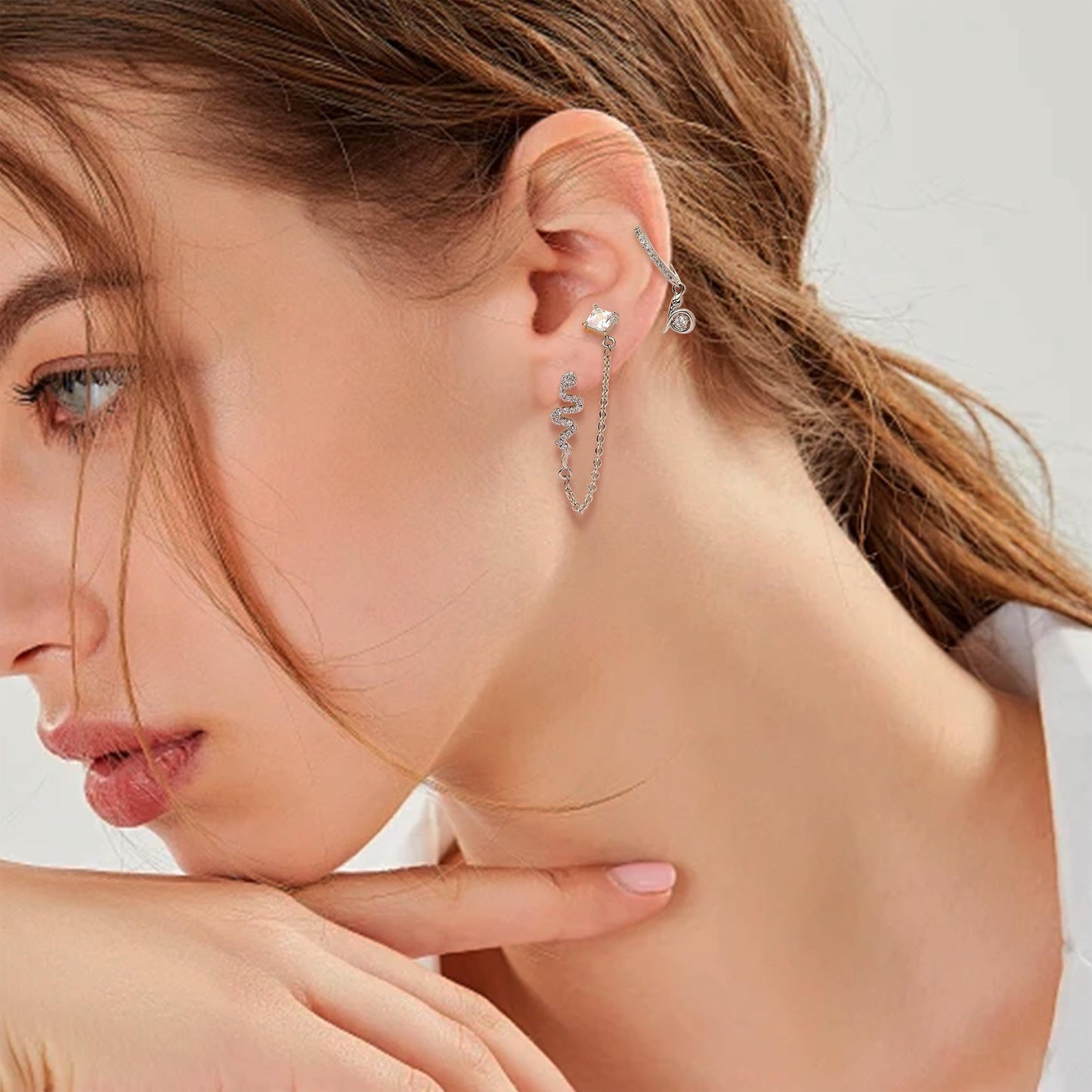 Frigotine Silver Snake Small Hoop Stud Earrings Stack Set for Women, Dainty Sparkly Rhinestone Crystal Drop Multiple Piercing Cartilage Huggie Earing Holiday Prom Fashion Jewelry Gift