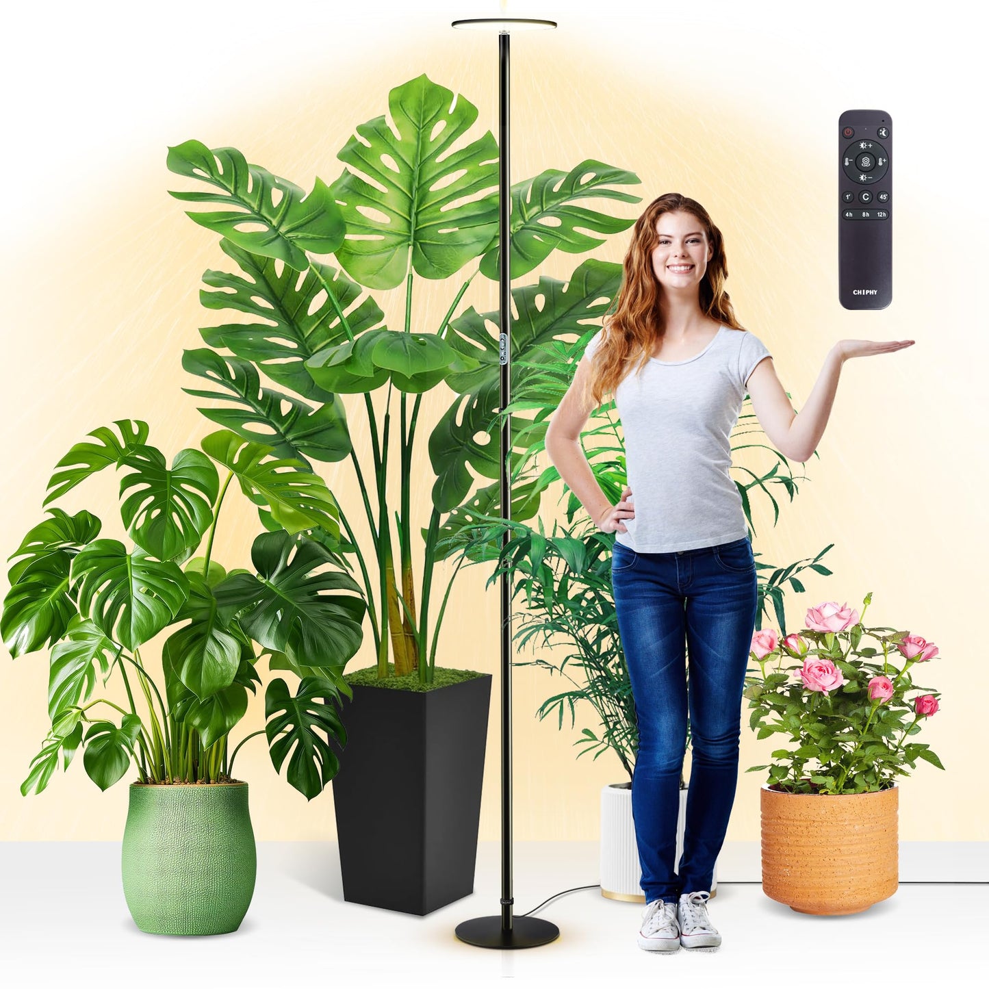 chiphy Grow Lights, 85" Full Spectrum Plant Light for Indoor Plants, 4/8/12H Timer, 40W Grow Lamp, 10 Dimmable Brightness, Height Adjustable, Ideal for Large Tall Plants