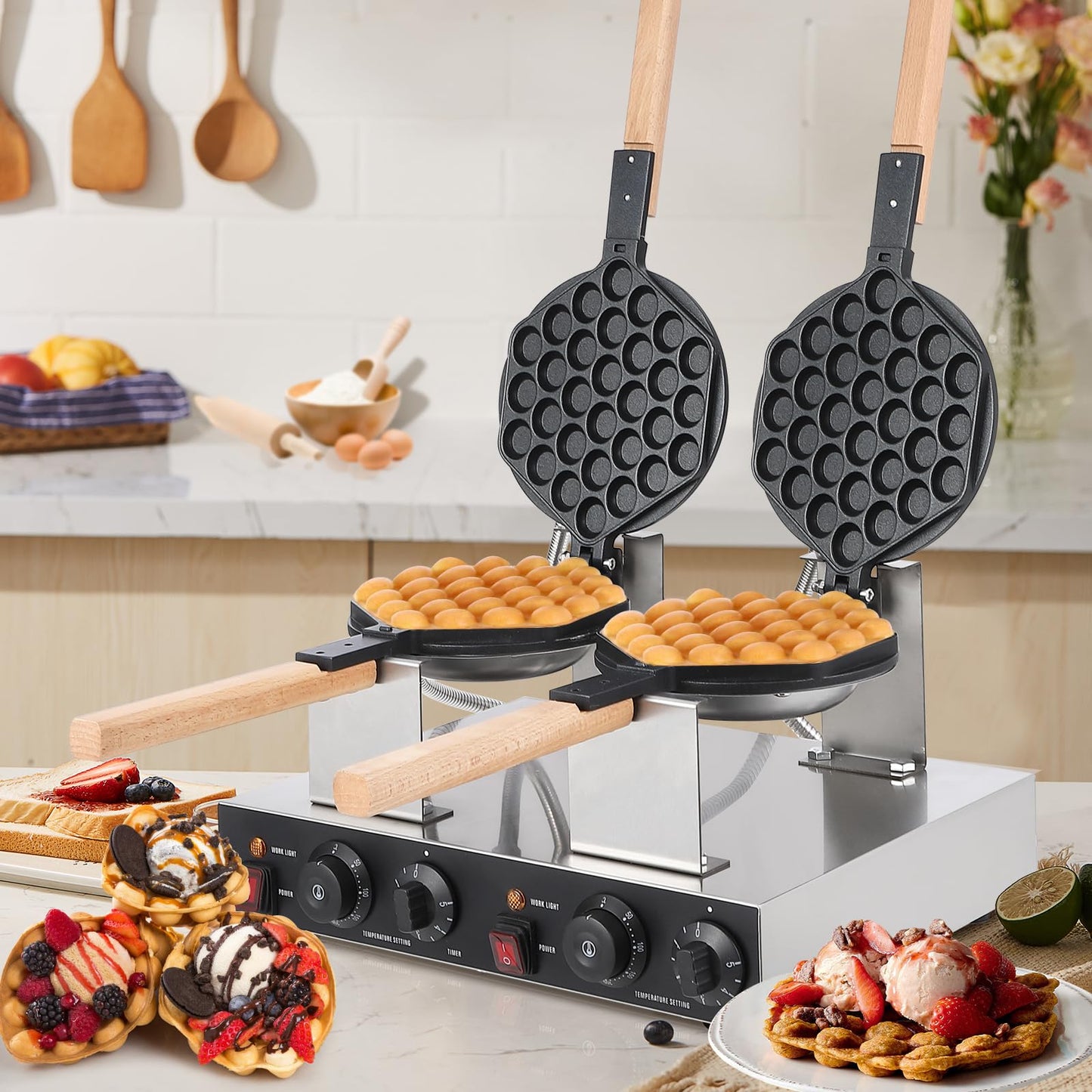Garvee Electric Bubble Waffle Maker, 2800W Round Waffle Iron Bubble Waffle Maker Non-Stick Egg Machine for Home and Commercial Use, Double