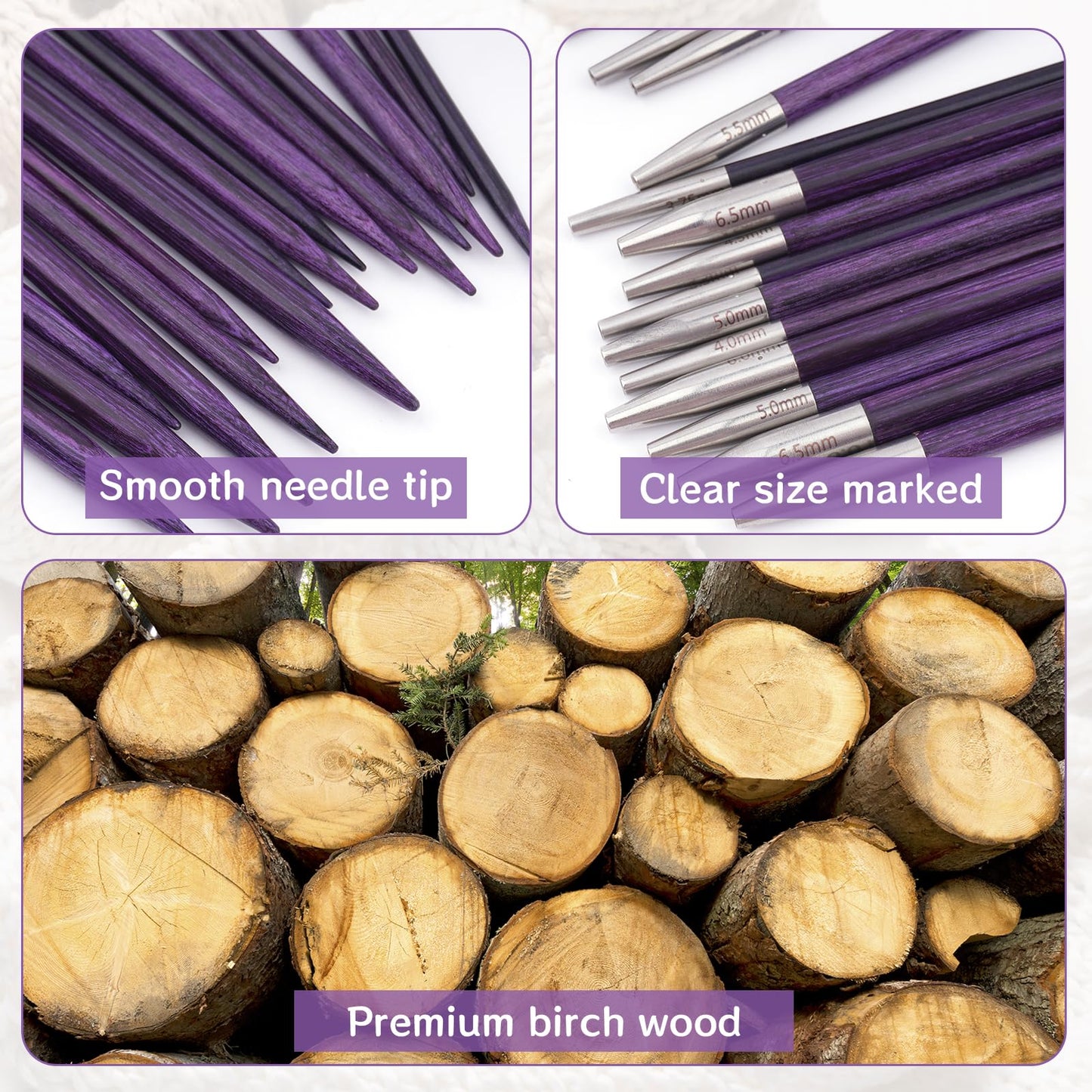 BsHooker Interchangeable Circular Knitting Needles Set with Case,3.5mm-6.5mm Birch Wood Knitting Needles Set with Cables,Complete Accessories