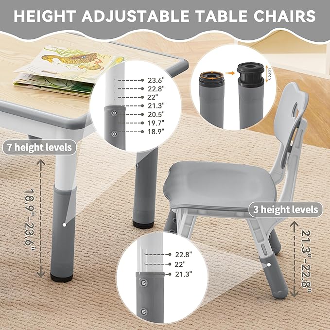 Kids Study Table and Chairs Set, Height Adjustable Toddler Table and Chair Set for Kids Ages 3-8, 23.6" L x 23.6" W Graffiti Desktop Plastic Children Art Table with 2 Seats, W-Grey