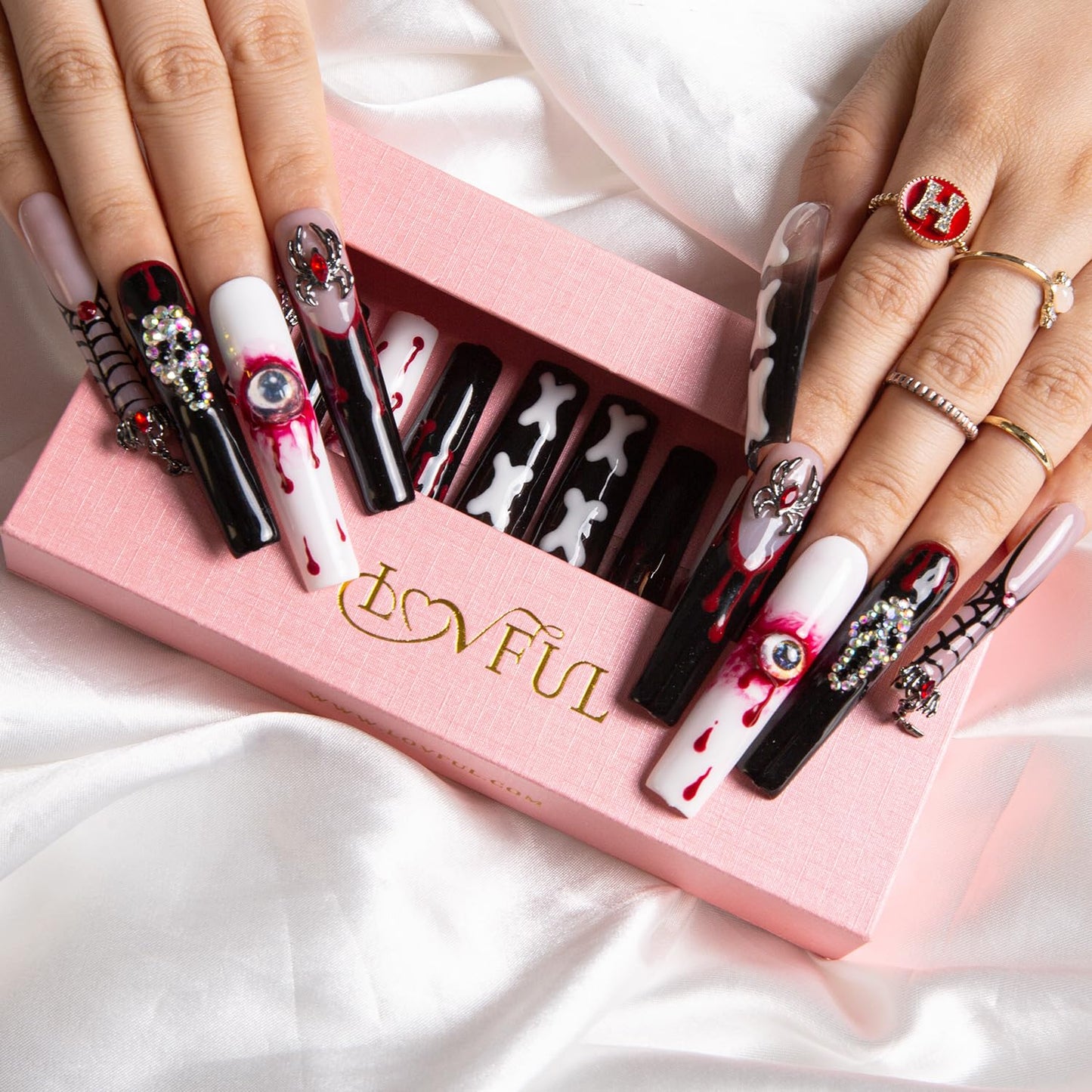 LOVFUL Press on Nails Final Destination | Handmade with Full Covered Crystals | Reusable Fake Nails | Square Long 2.2 in | H133-M