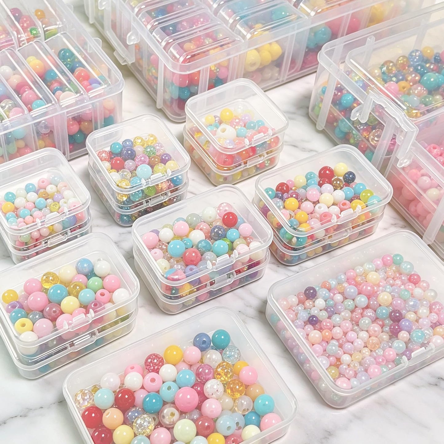 Guyuyii Bead Organizers and Storage with Labels and Handle - 58 Pcs Small Plastic Bins with Lids and 3-Tier Stackable Clear Bead Storage for Diamond Painting, Seed Beading & Jewelry Making (3 Sizes)