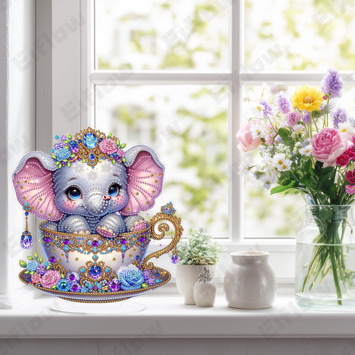 Eiflow Diamond Art Tabletop Kit for Adults, DIY Desktop Diamond Art Painting with Stand, Acrylic Stand Up Gem Painting Board Kit (Elephant)
