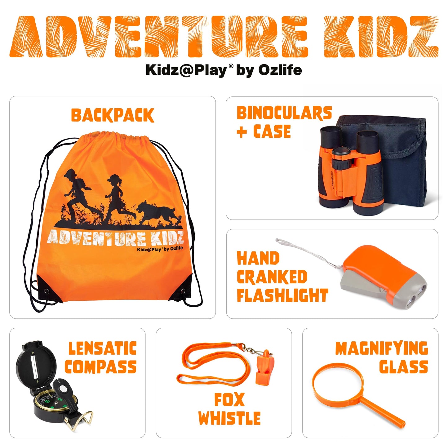 Adventure Kidz - Outdoor Exploration Kit, Children’s Toy Binoculars, Flashlight, Compass, Whistle, Magnifying Glass, Backpack. Great Kids Gift Set for Camping, Hiking, Educational and Pretend Play.