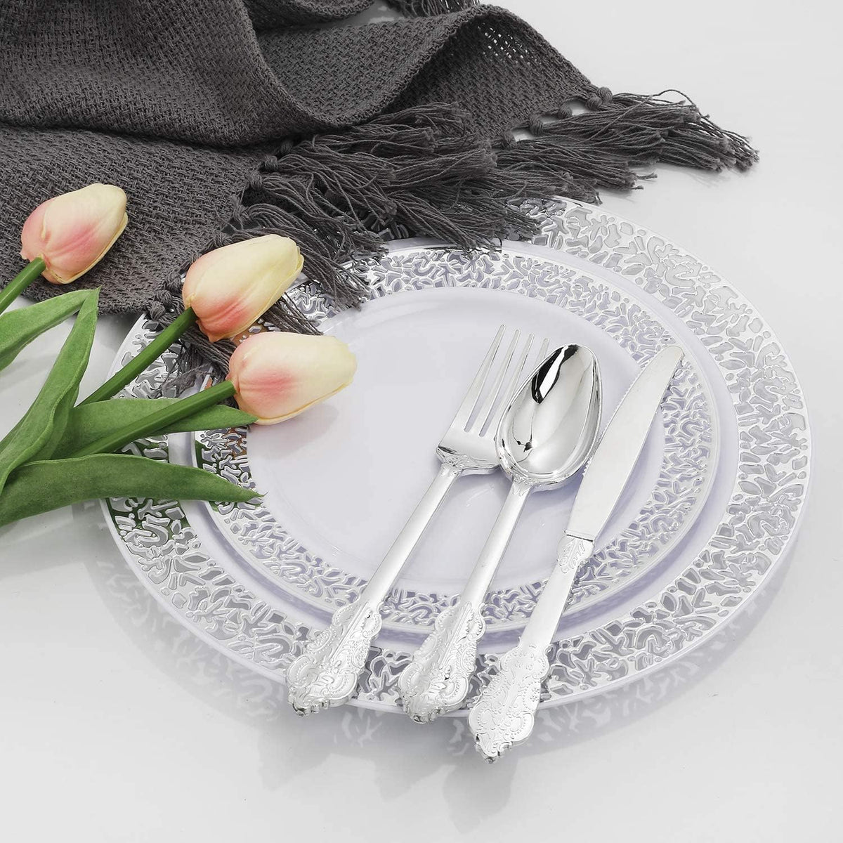 supernal 100pcs Silver Plastic Plates10.25 For Big Party Lace White Plastic Plates with Silver Rim Disposable Dinner Plates Heavy Duty for Party Wedding Birthday