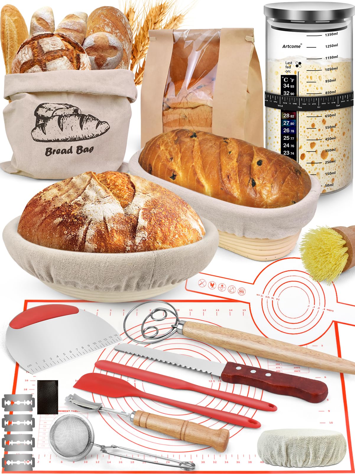Sourdough Bread Baking Kit - Breads Making Tools - Complete Sourdough Starter Kit with Proofing Baskets, Jar, Dough Whisk, Pastry Mat, Bread Knife & Tools - Gifts for Bakers Women & Moms