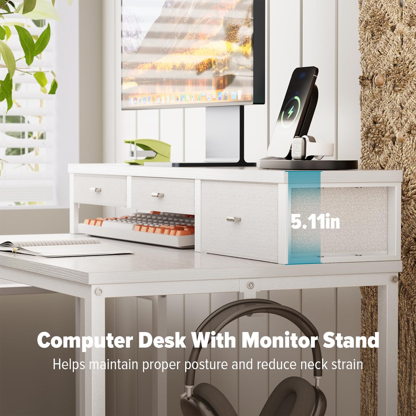 SINPAID 47 inch Computer Desk with Printer Shelf, Gaming Desk with Monitor Stand and Drawers, Reversible Home Office Desk with Storage Shelves and 2 Hooks, Home Workstation for Study Writing, White