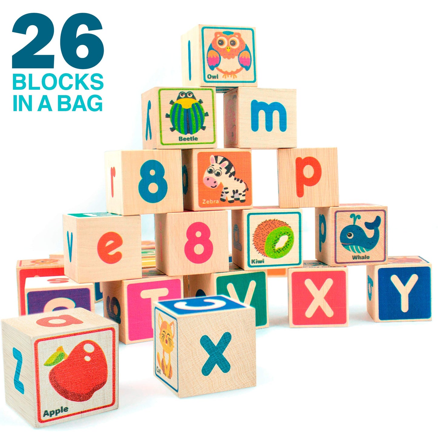 QUOKKA Wooden Blocks for Toddlers 1-3 - 26 ABC Learning Baby Blocks for Kids 3-5 Year Olds Stacking Alphabet Wood Toys for 2-4 yo - Educational with Letters Numbers - Updated Edition