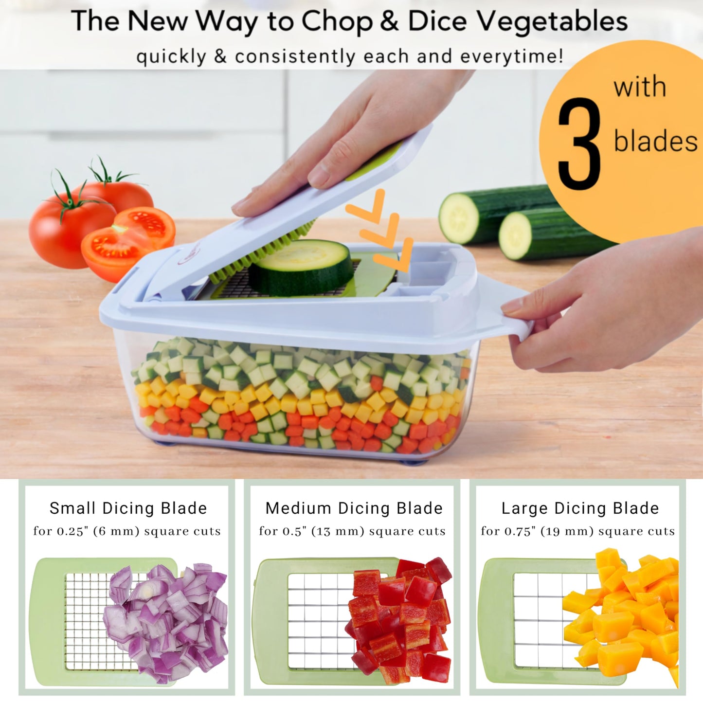 Brieftons QuickPush Food Chopper: Strongest & 200% More Container Capacity, 30% Heavier Duty, For Onion, Fruit and Vegetable Chopping, with 3 Dicer Cutter Blades, Keep-Fresh Lid, and 5 Recipe Ebooks