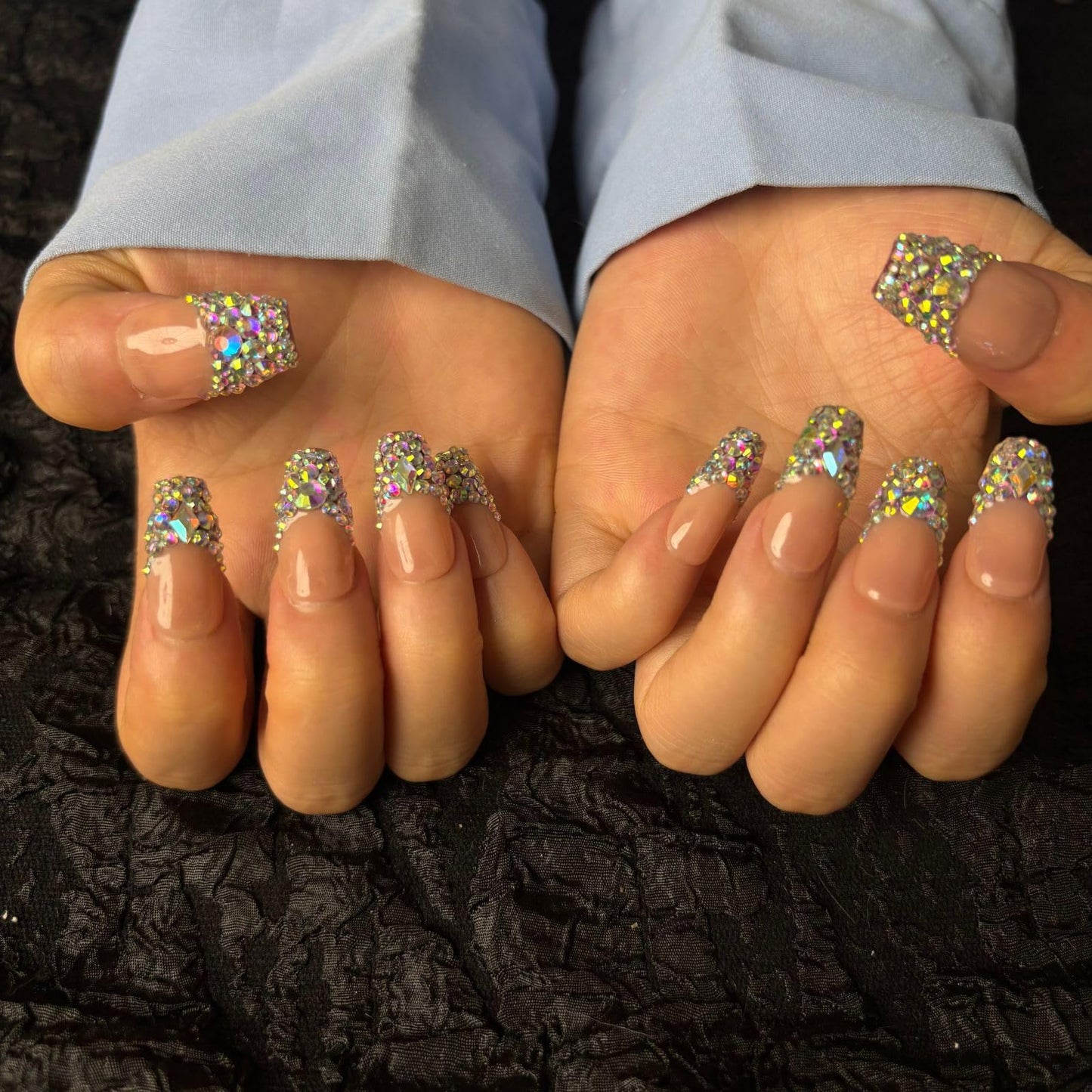 AKA Unicron Handmade French Tips Press On Nails Medium Short Coffin Acrylic Fake Nails Press Ons with Shining Rhinestones Charm Design,Nail Charm Nature Lasting Stick On Woman Fingernails
