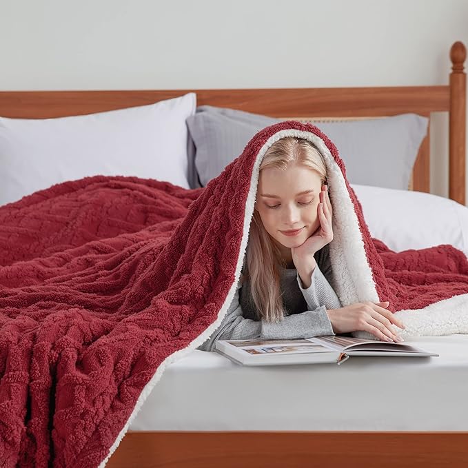 Bedsure Sherpa Fleece Throw Blanket for Couch - GentleSoft Fluffy & Cozy Cable Jacquard Tufted Throw for Women Gift, Thick and Warm Blankets for Winter, Red, 50x60 Inches