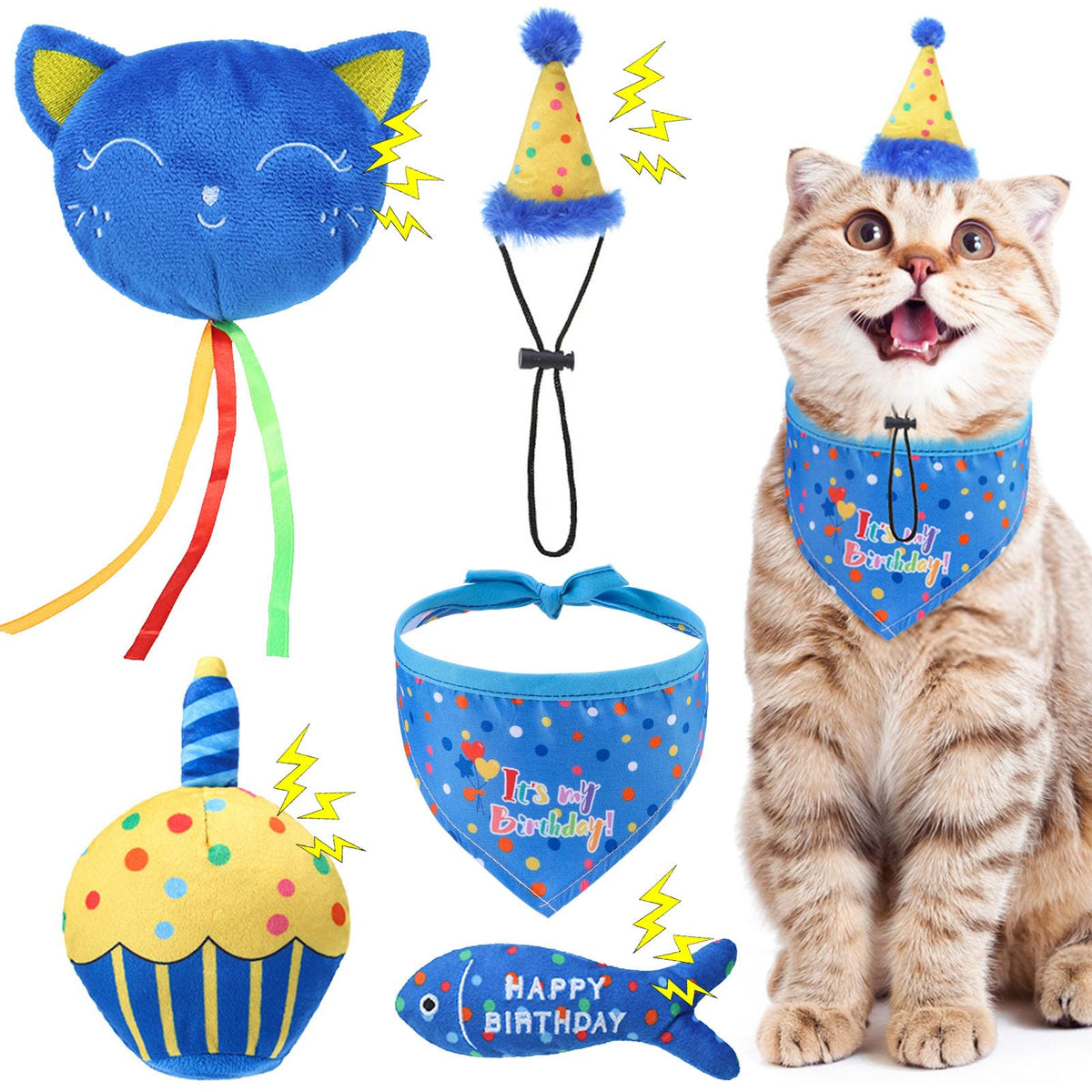 BINGPET Cat Birthday Decorations Outfit, 5 Pcs Catnip Toys for Indoor Cats